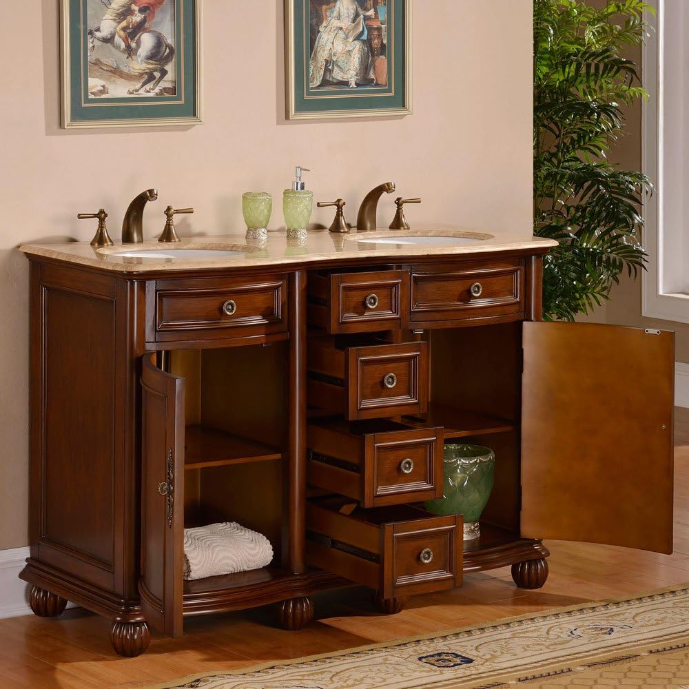 Silkroad Exclusive Countertop Travertine Double Sink Bathroom Vanity with Cabinet, 52", English Chestnut