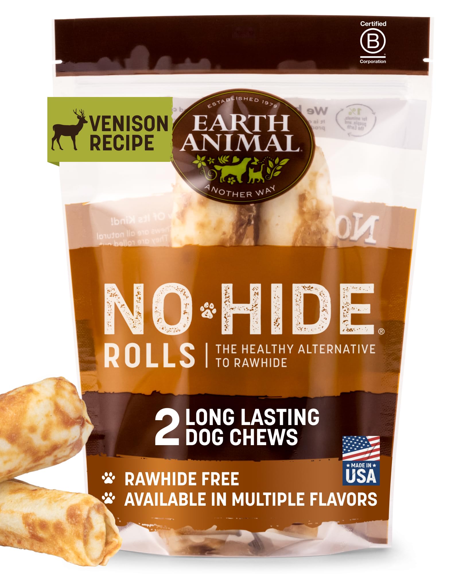 Earth Animal No Hide Chews - Long Lasting Rawhide Free Medium Dog Chews Rolls, Venison - 2 Count