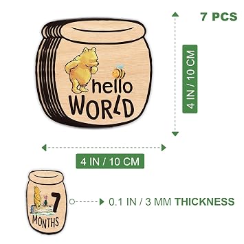 Baby Bear Month Milestone Circles, Wooden Honey Pot Shaped, for Baby Photo Shoots with 'Hello, World' Name Signs - 7 Double-Sided Signs for Documenting Growth