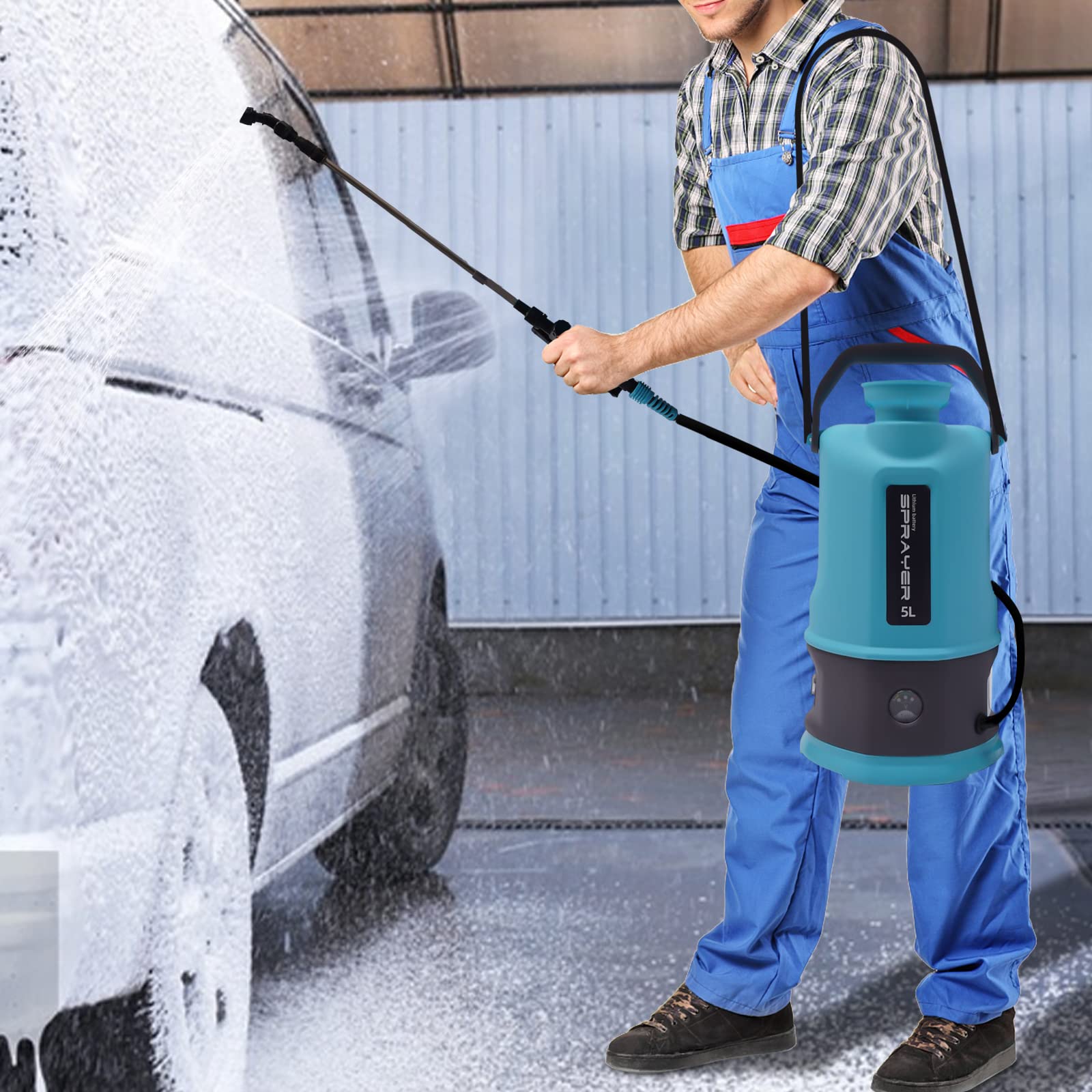 Drucksprüher, 5L Pumpsprühflasche mit 2 Batterien, 2 Düsen und Batterieladegerät, Einstellbarer Sprühbalken 42-80cm, für Pflanzenbewässerung, Gartensprühen