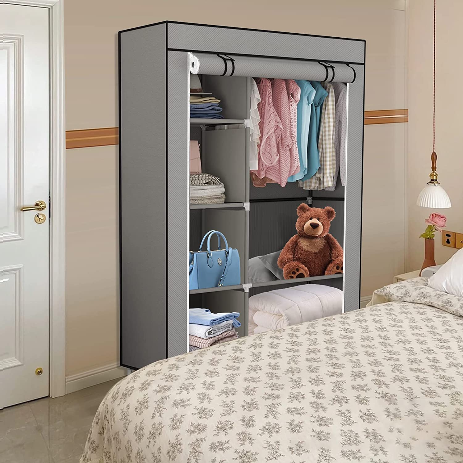 LANTUS Armoire de Rangement Pliable– Penderie Dressing Textile en Tissu Intissé avec Fermeture à Glissière – Garde-Robe Placard Camping(105 * 45 * 170cm-gris foncé)
