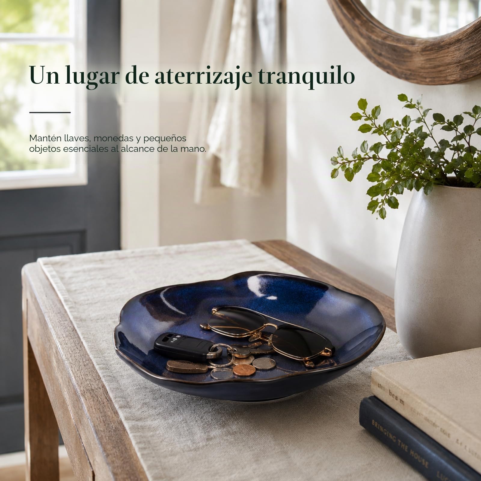 Cuenco decorativo de cerámica azul, plato pequeño de 10.4 pulgadas, frutero, plato de caramelos, cuenco para llaves para mesa de entrada, plato de joyería y anillo, plato de porcelana para cocina