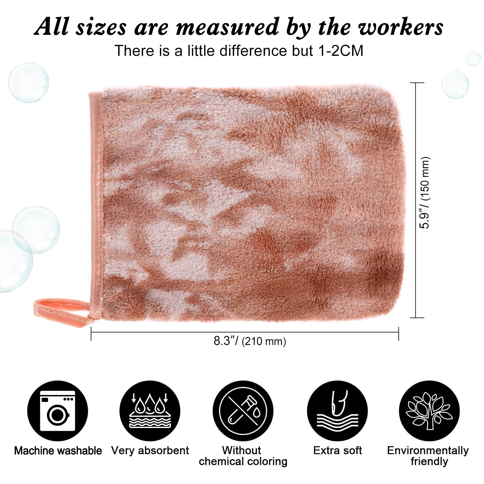 PHOGARY 6 Gants De Toilette Taille 15x21 cm, Très Doux & Absorbant Gants en Polaire Corail, Densité élevée Petite Serviette Main pour Visage, Serviette Invité Tie-Dye avec Boucle de Suspension