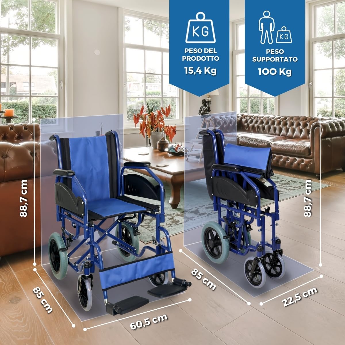 Mobiclinic®, Carrozzina pieghevole, Maestranza, Freni di stazionamento, Seduta da 45 cm, Pedane rimovibili, Braccioli pieghevoli e imbottiti, Ruote piccole, Robusta, Colore blu