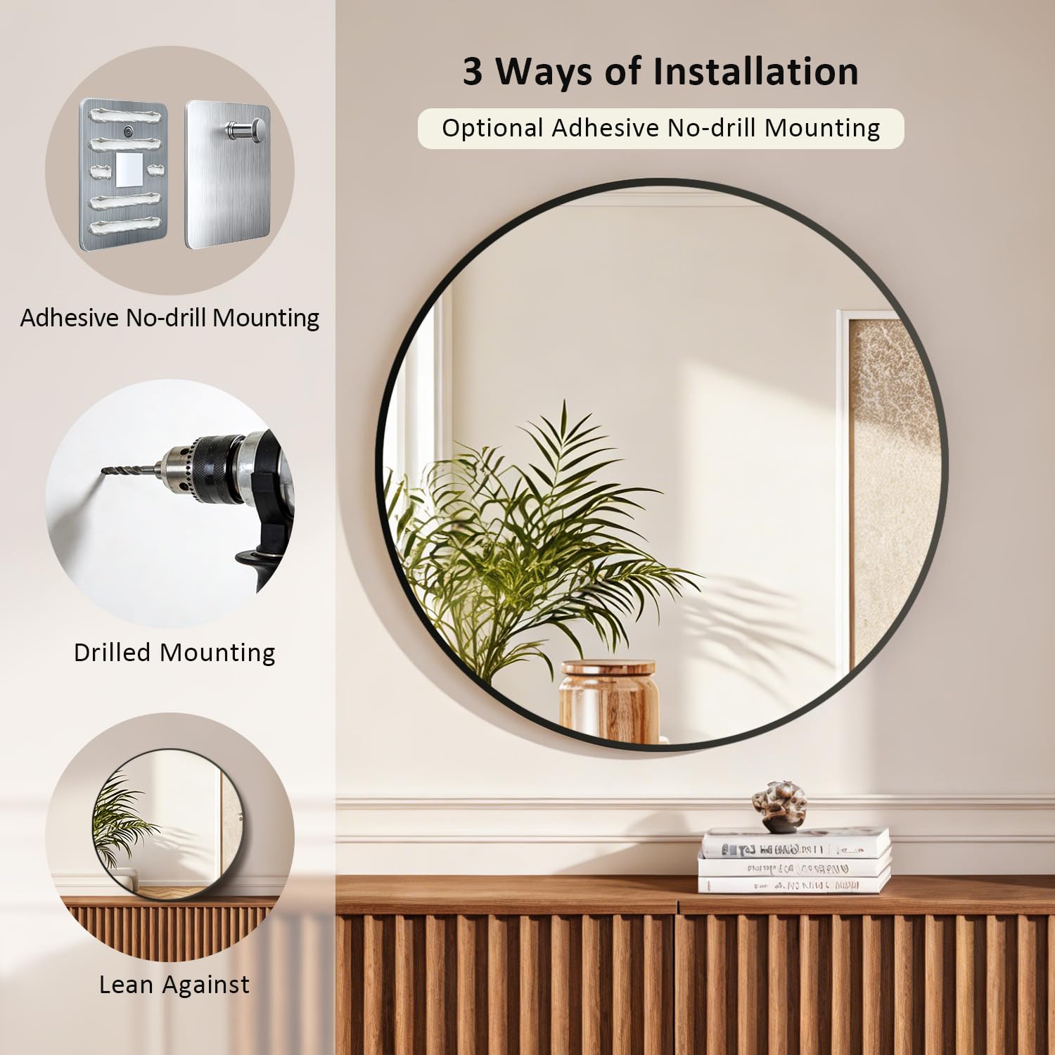 Espejo Redondo Negro 70 cm, Espejo Baño Moderno con Marco Aluminio, HD Vidrio Templado Espejos Grandes de Pared, Espejos Decorativos para Baño, Recibidor Entrada, Dormitorio, Salon