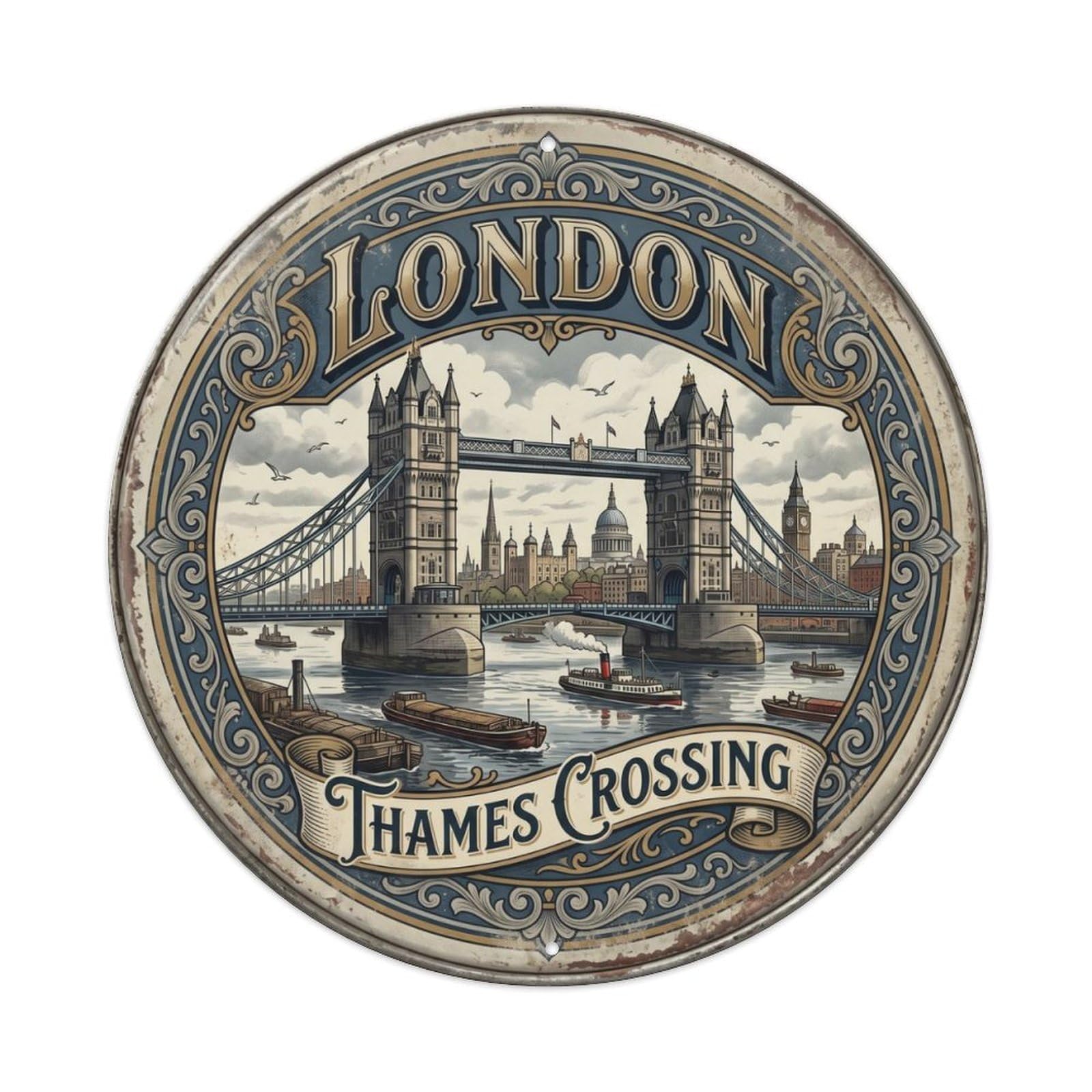 Vintage Travel London Tower Bridge Metal Tin Sign Plaque Wall Decor for Cafe, Club, Garden Round Metal Poster 8x8Inch