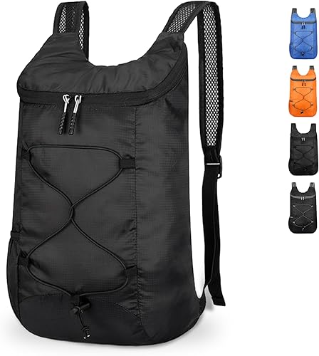 Mochila de senderismo plegable ligera, ultraligera e impermeable, bolsa de viaje y gimnasio para mujeres y hombres, Negro -, Compacto
