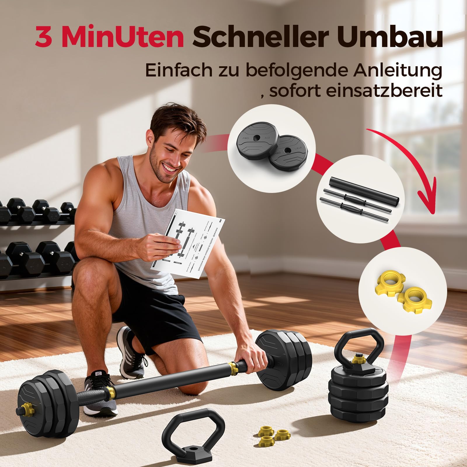 FEIERDUN 20/25/30/40KG Hanteln Verstellbar 2er Set, 12-Seitiger Rollschutz, 5-in-1 Dumbbell Set, Langhantel, Kettlebell, Liegestützständer für Ganzkörpertraining, Krafttraining für Männer und Frauen