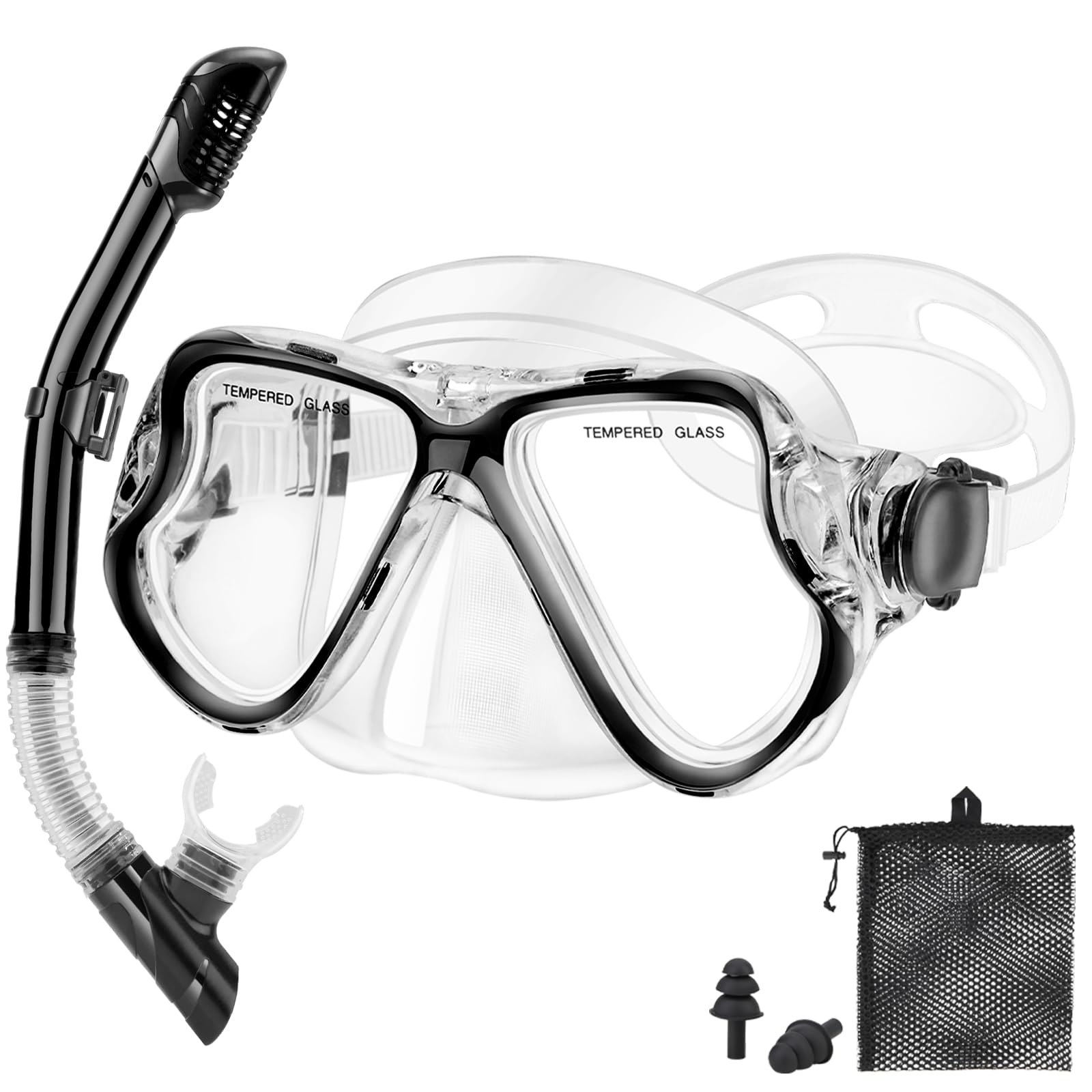Snorkeling Gear for Adults Kids, Dry Snorkeling Set, Panoramic Anti-Leak and Anti-Fog Tempered Glass Lens, Adjustable Strap Snorkel Set with Mesh Bag Ear Plug for Snorkeling Scuba Diving Travel