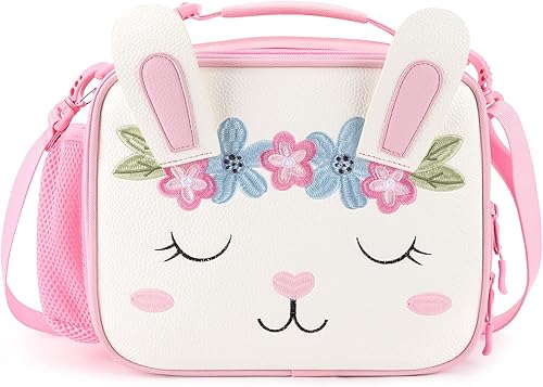 mibasies Lonchera con aislamiento de cuero para niñas con soporte para botella de agua y correa para el hombro (conejo blanco)