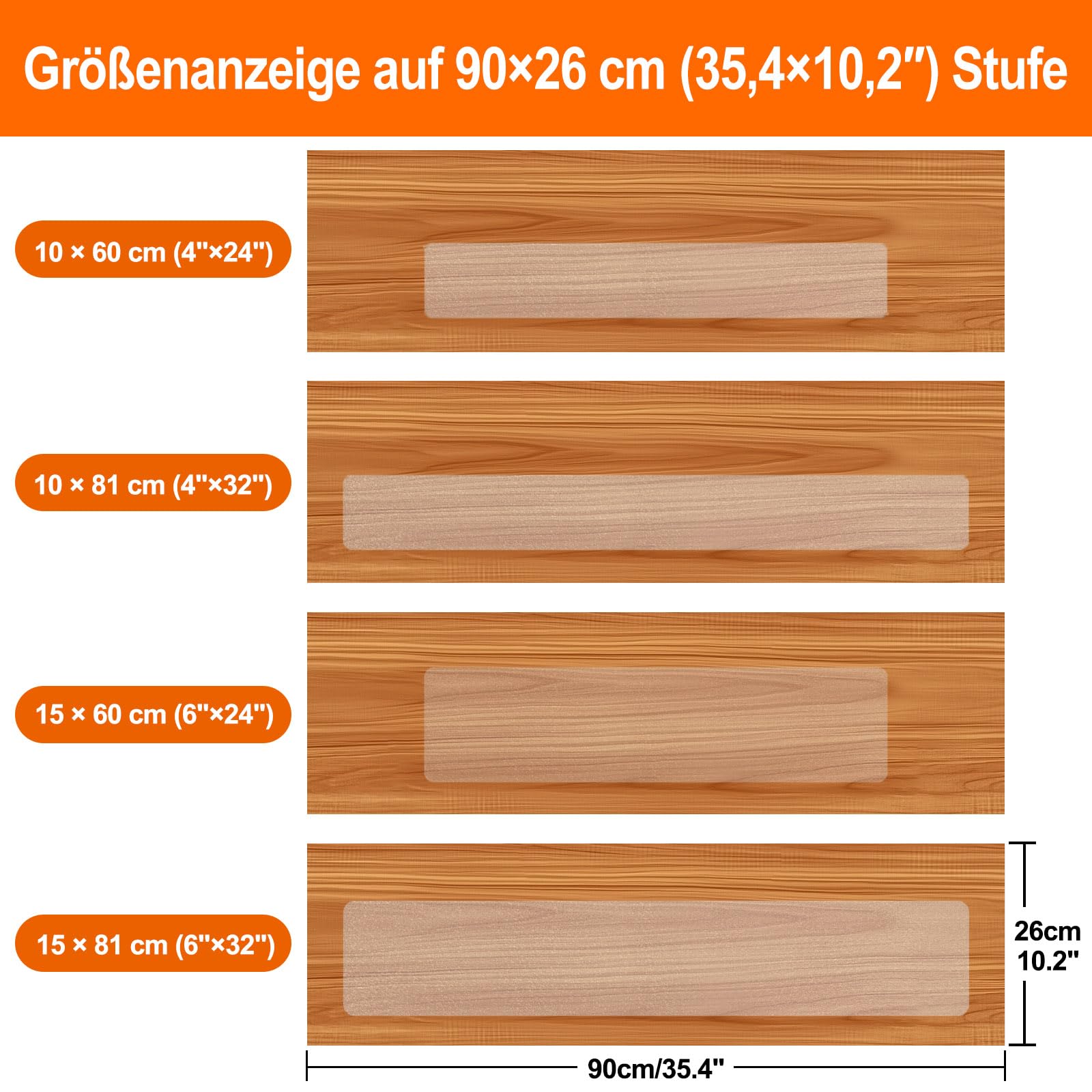 Spurtar Treppenstufen Matten Antirutsch Treppe, Transparent Treppenteppich Selbstklebend Stufenmatten innen 15 Stück für Holzstufen Boden Antirutschmatte Klebeband Pads, 10 x 60 cm