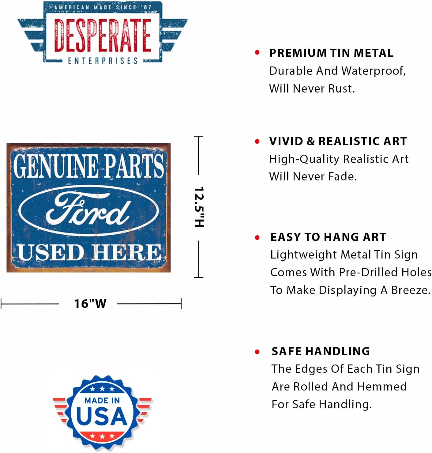 Desperate Enterprises Ford Genuine Parts Used Here Tin Sign - Nostalgic Vintage Metal Wall Décor - Made in USA image 2