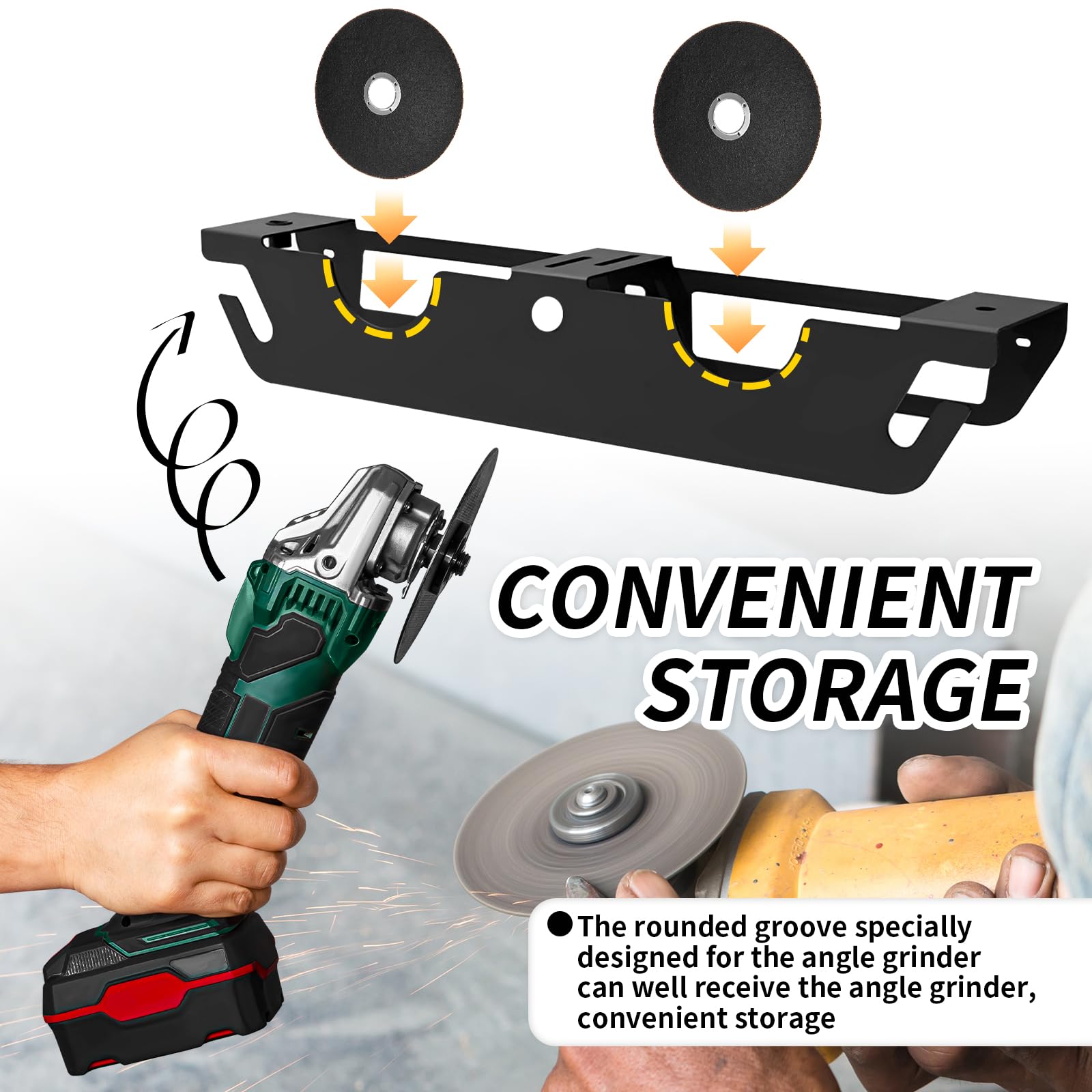 Soporte Para Amoladora Angular,Con 2 Compartimentos Soporte De Pared Para Amoladora Angular Con Suspensión De Cable y Soporte De Disco, Compartimento De Almacenamiento Para Pulidora