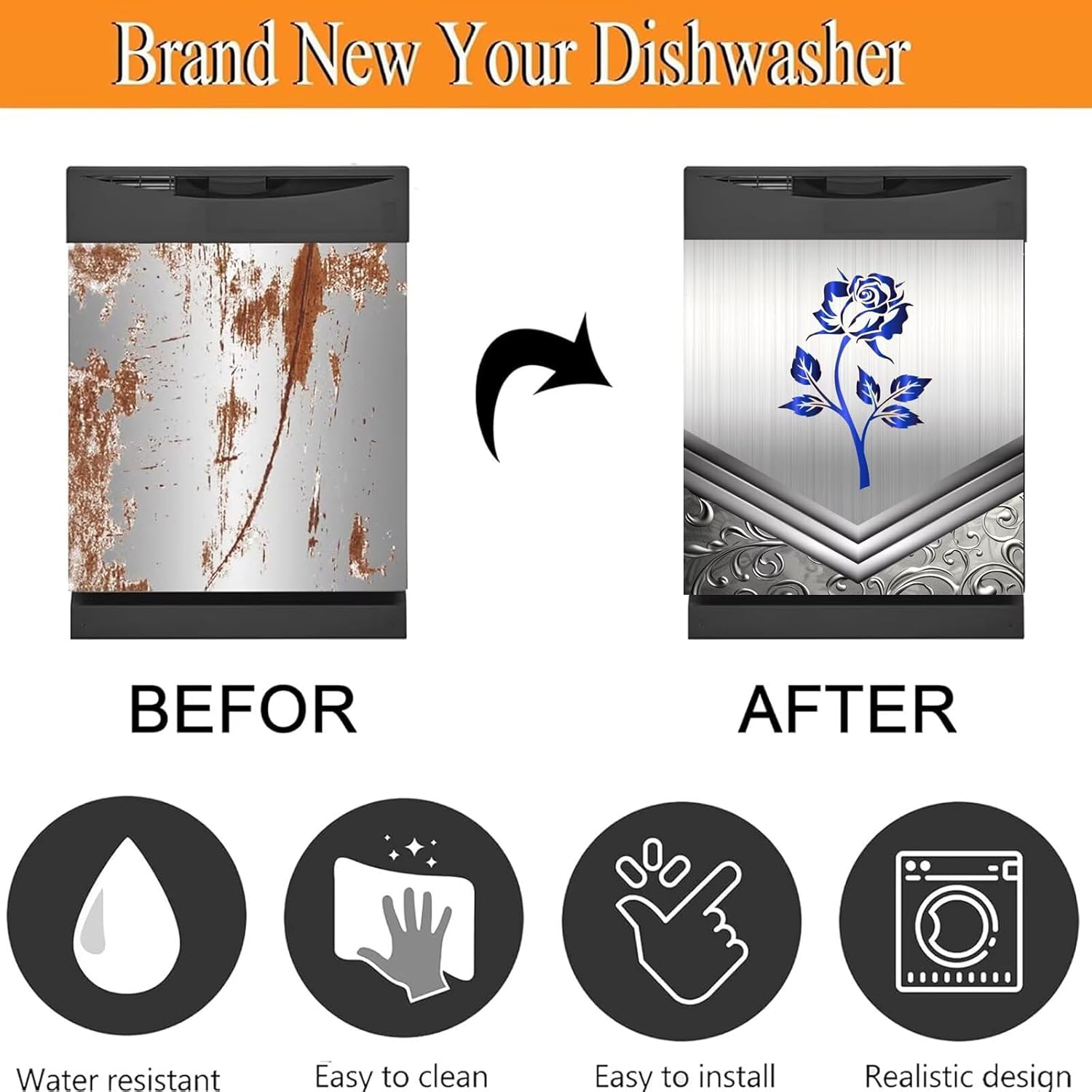 Dark Blue Metal Rose Kitchen Dishwasher Magnet Cover Decal, Stainless Steel Magnet Skin Cover for Fridge, Engraved Metal Flower Magnetic Dishwasher Door Cover Panels (23" x 26" Magnetic)