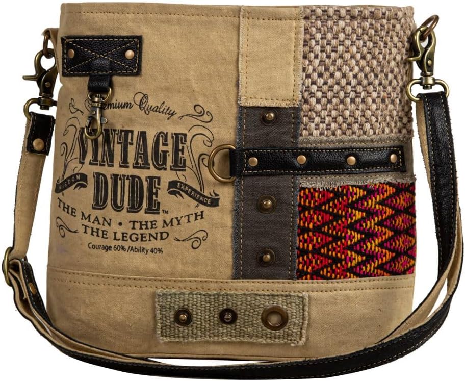 Myra Bag Vintage Purse - Sundown River Crossbody Bag for Women, Woven Patchwork Canvas, Tribal Upcycled Woven, Leather Accents, Print Design