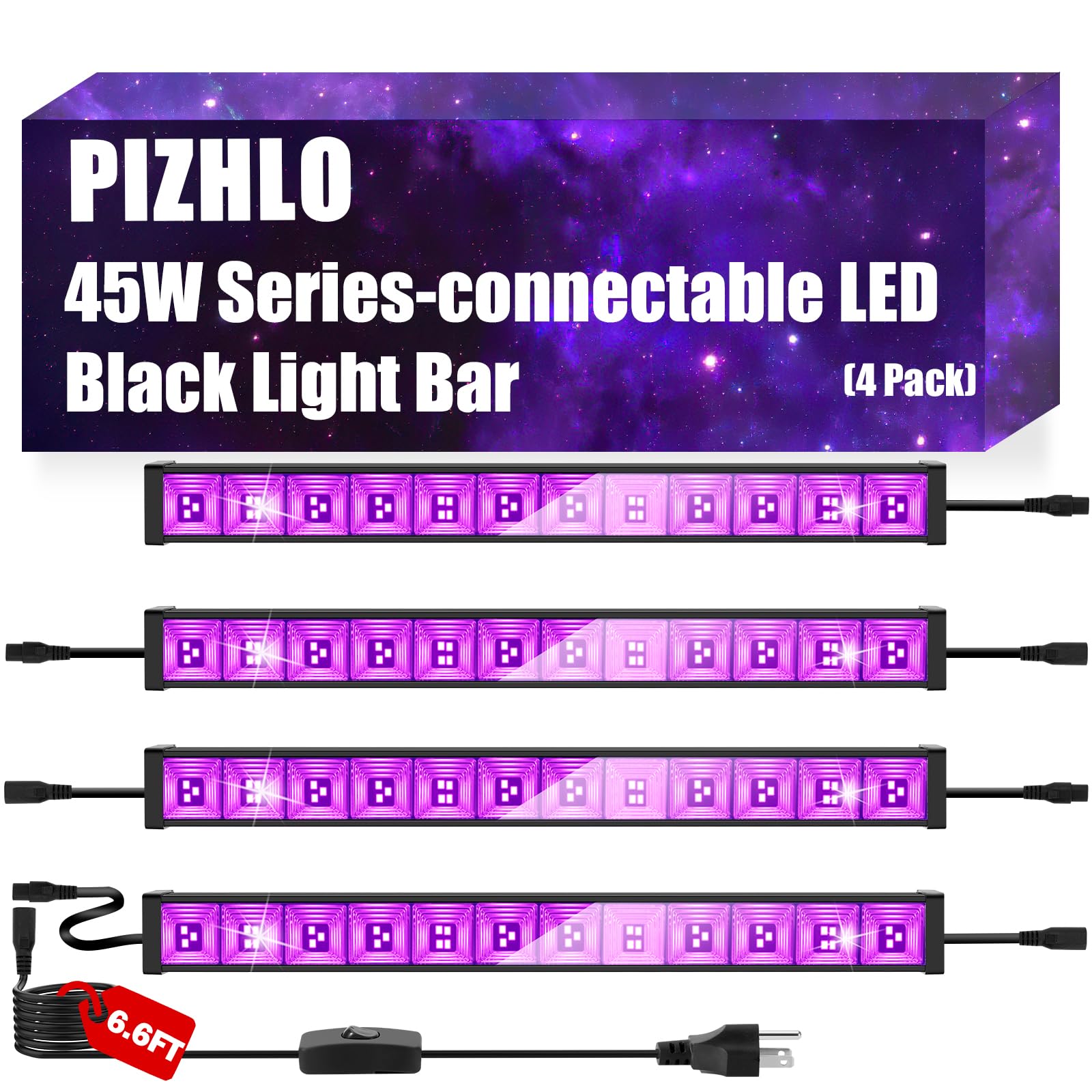 PIZHLO 4 Pack 45W Series-connectable LED Black Light Bar, Scalable Blacklight with 6.6ft Cord+Switch, Each Light Up 26x26ft Glow in The Dark for Halloween Party Birthday Body Paint Fluorescent Poster