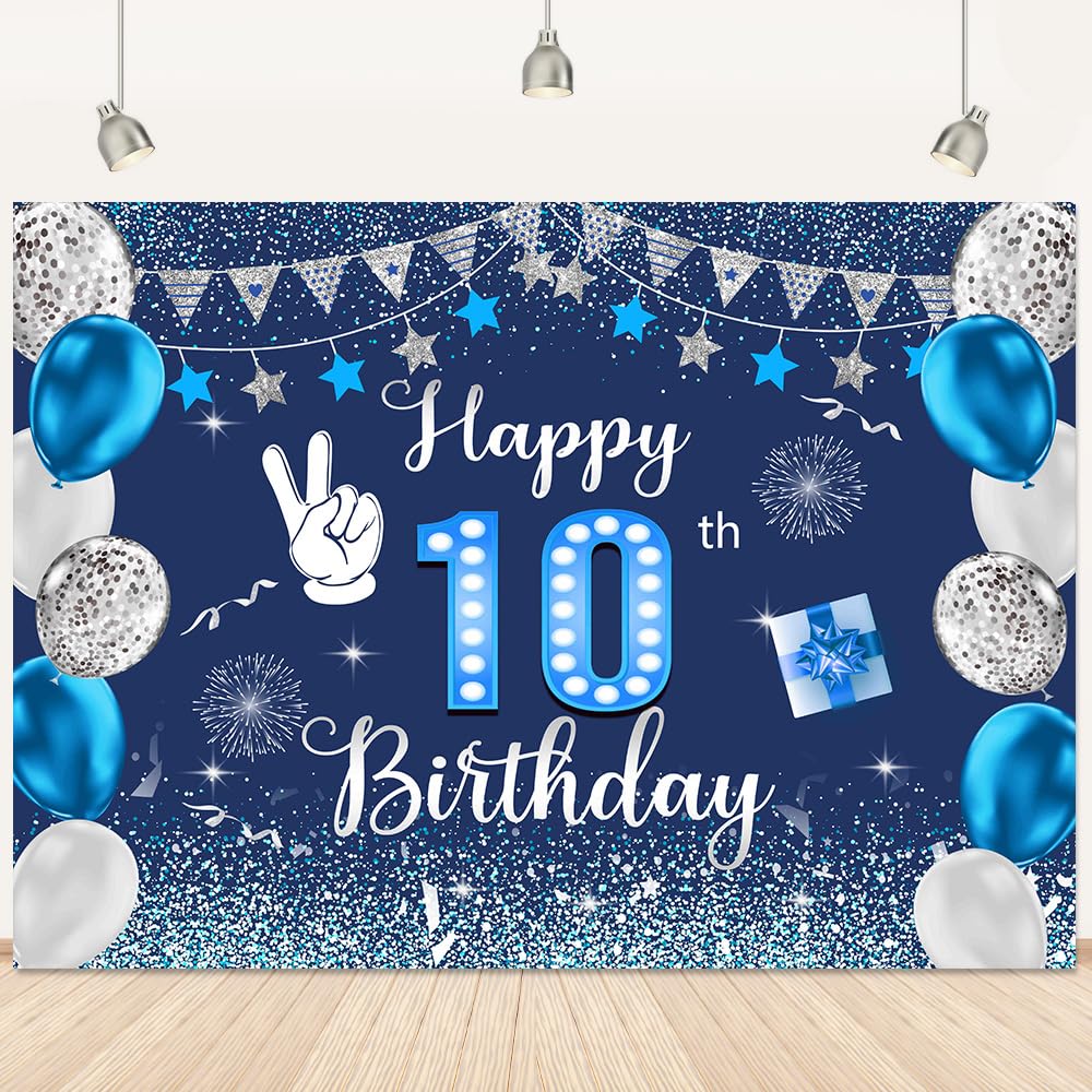 10th Birthday Backdrop Blue Birthday Photography Backdground Blue and White Balloon Party Backdrop Blue Glitter Decoration Banner Photo Booth Props 5x3Ft
