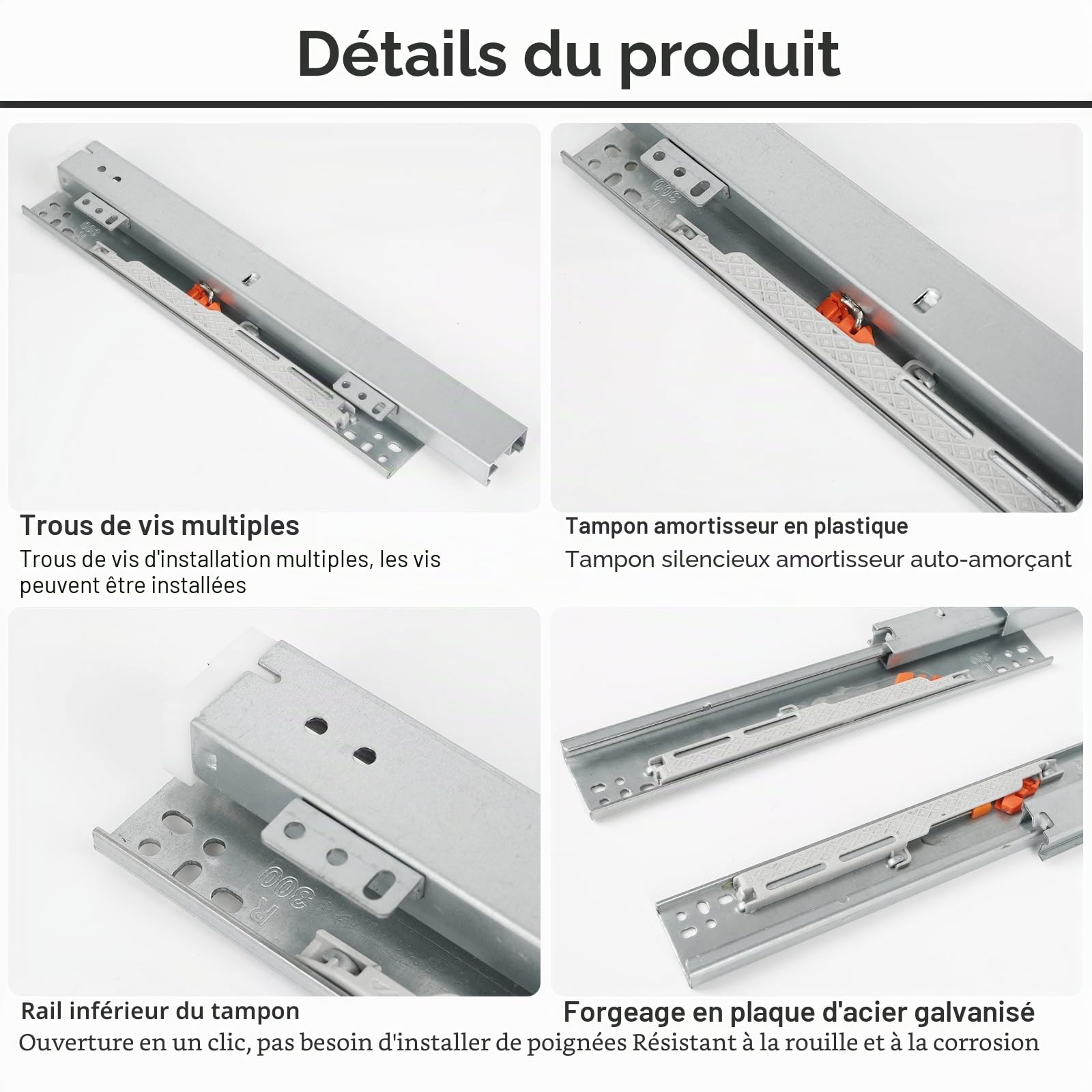Glissière Tiroir Charge Lourde Extension complète,Glissières montées sur le fond pour tiroir Système de rails Soft-Close glissiere pour tiroir charge lourde(50 cm)
