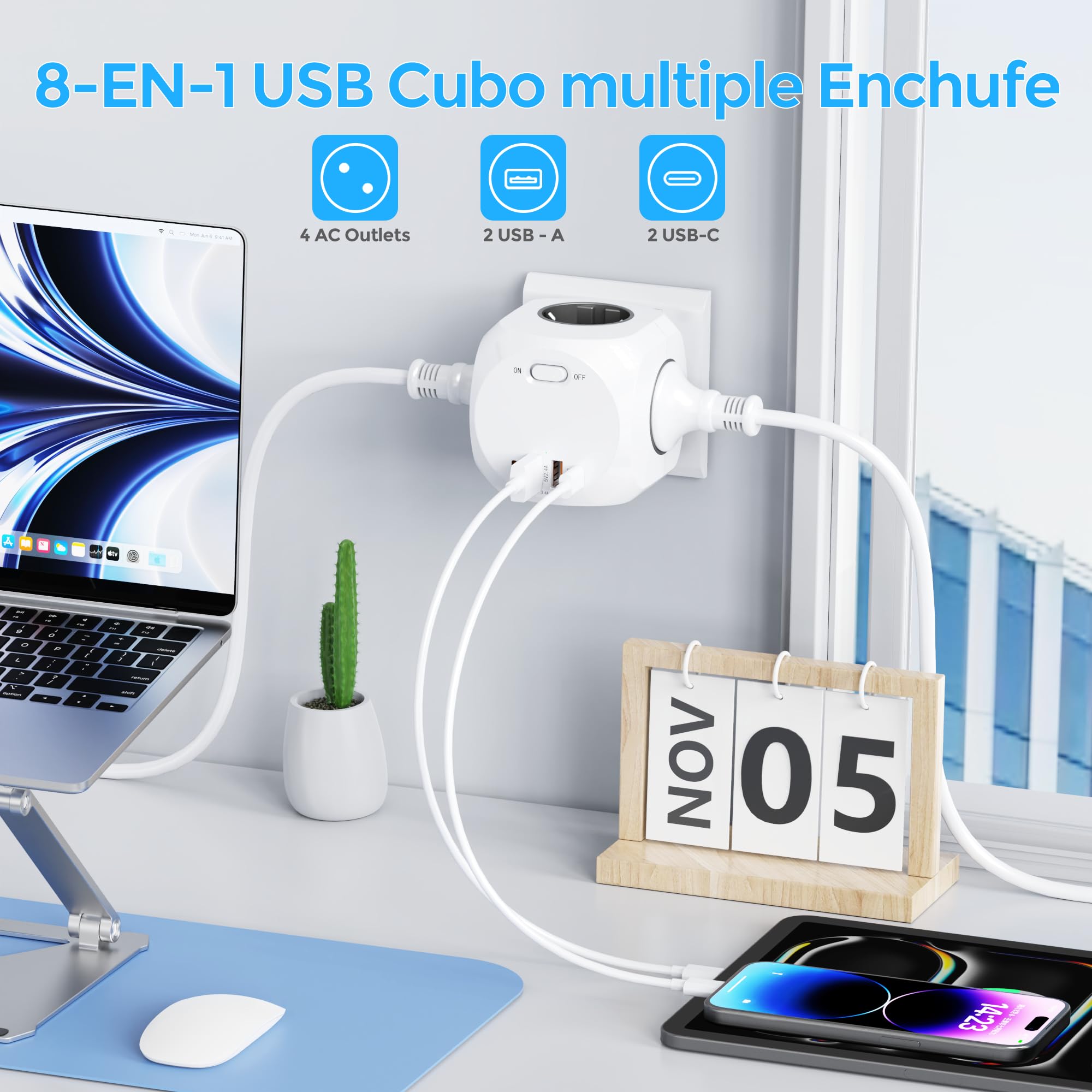 8-w-1 gniazdo gniazda, gniazdo wielu gniazd z USB, 4 gniazdka złodziejowe, 4 gniazda, 2 USB A, 2 USB C, 4000 W gniazdo zasilające do biura, kuchni i pokoju szarego
