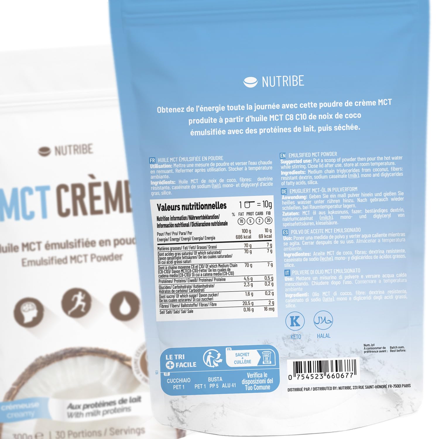 MCT-Öl-Pulver NUTRIBE Kokos C8 C10 mit Milcheiweiß 300 g | Creamer für Keto Diät | Ketose, intermittierendem Fasten, Low Carb Diät zum Abnehmen