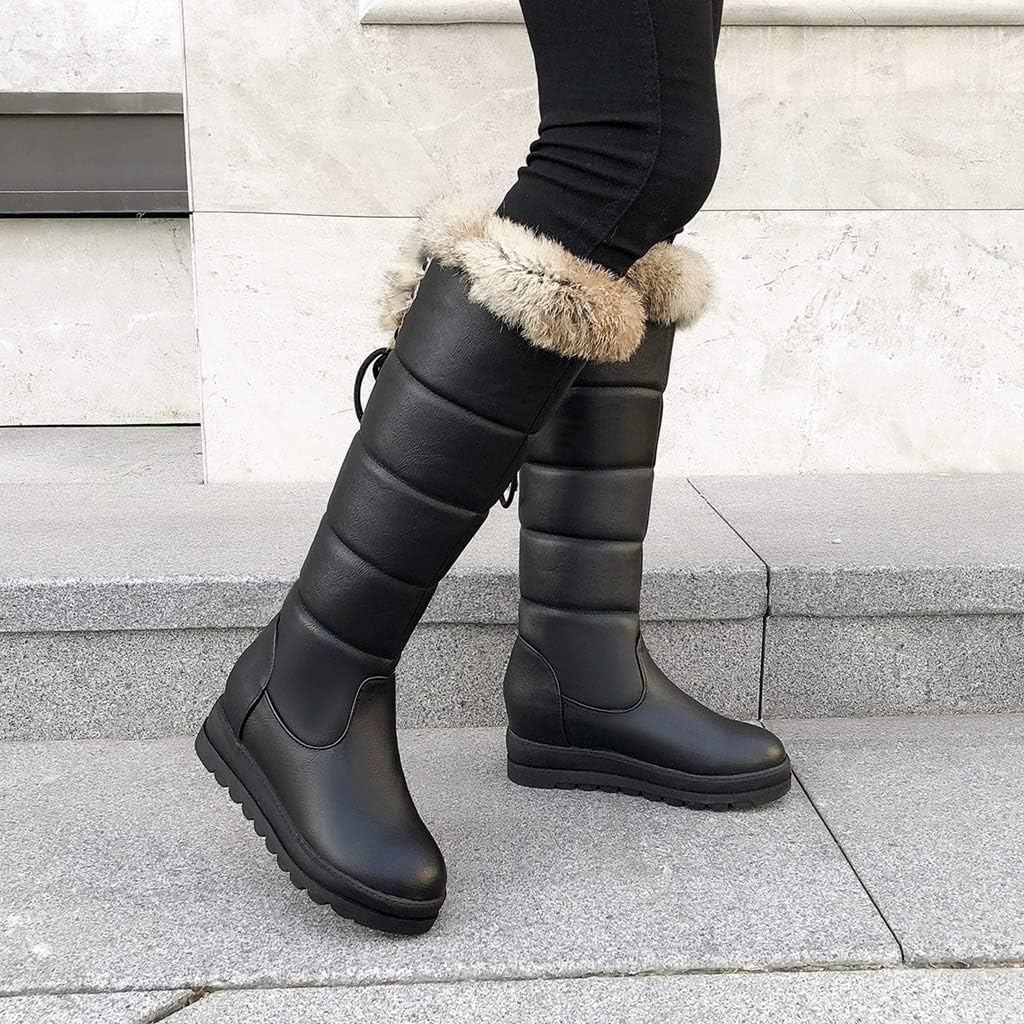 MIOKE Women's Winter Fur Mid Wide Calf Wedge Snow Boots Fashion Waterproof Warm Lined Cold Rain Snow Boot