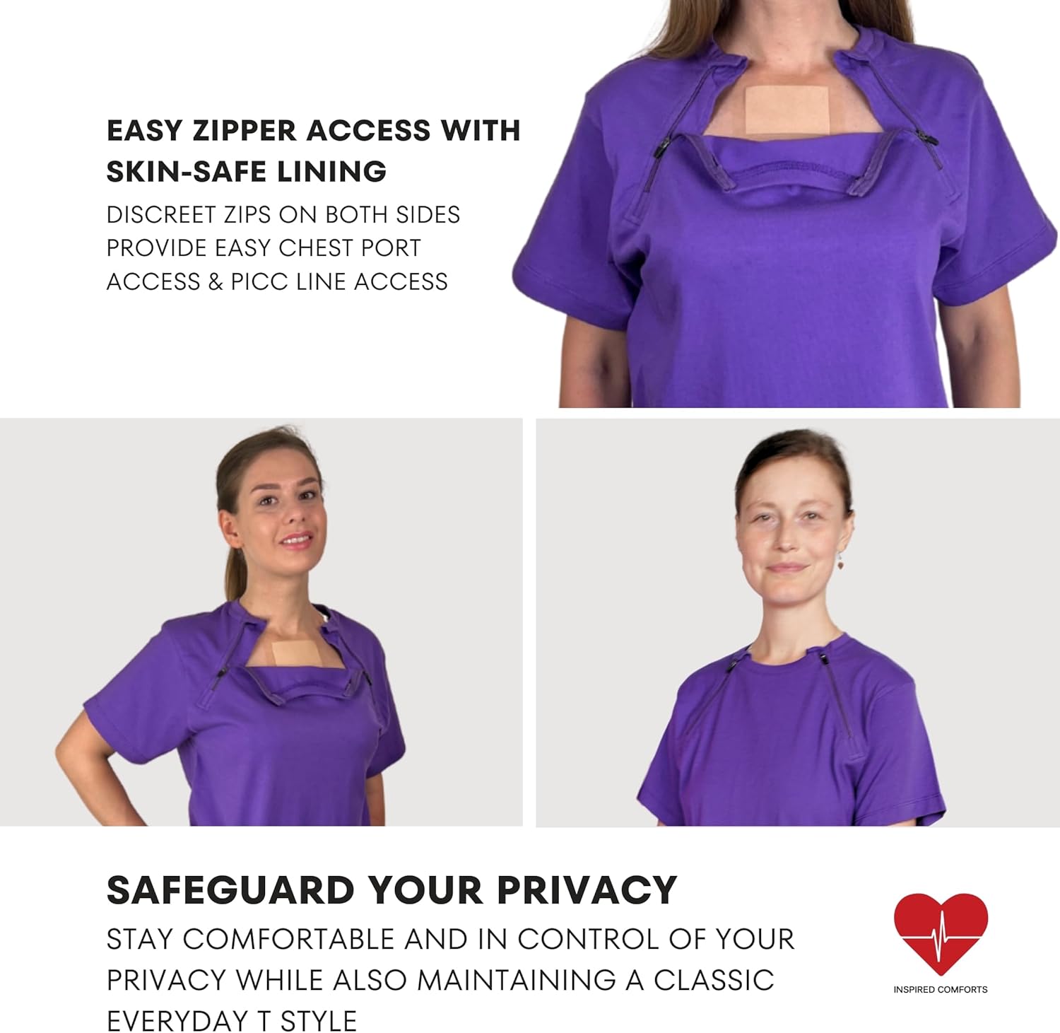 Inspired Comforts Women's Chemotherapy Port Access Half Sleeve Shirt with Dual Zip Access |100% Cotton - Image 2