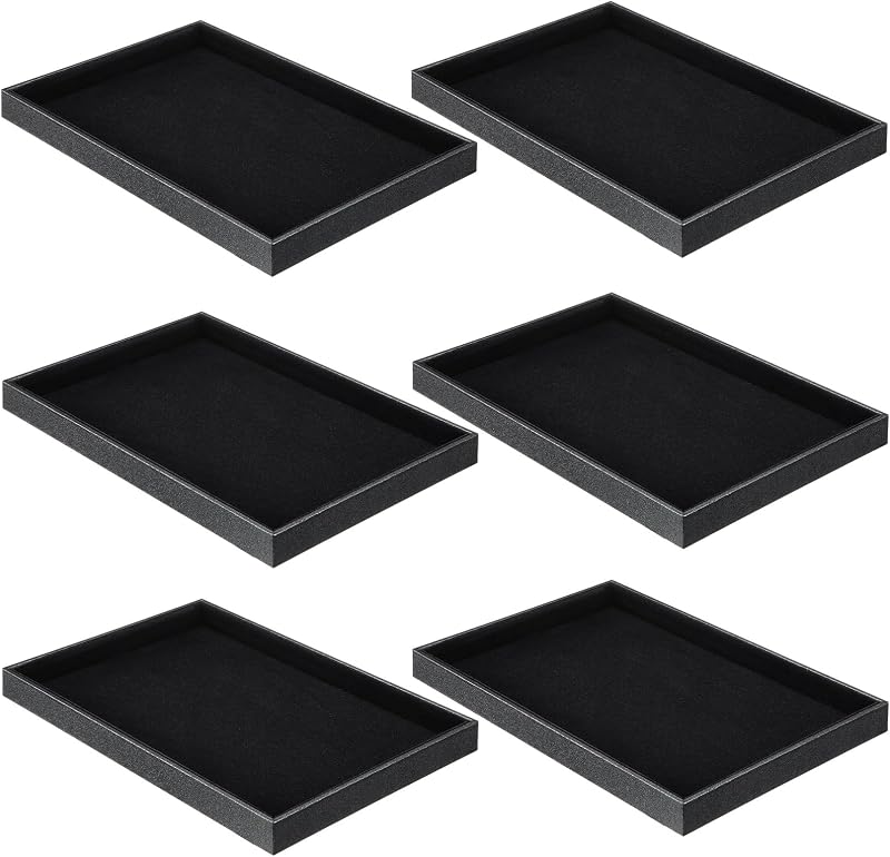 Quelay 6 Pcs Velvet Stackable Jewelry Tray Showcase Display, Jewelry Organizer Tray Bracelet Ring Earring Necklace Organizer Empty Plate for Drawers Countertop (Black)