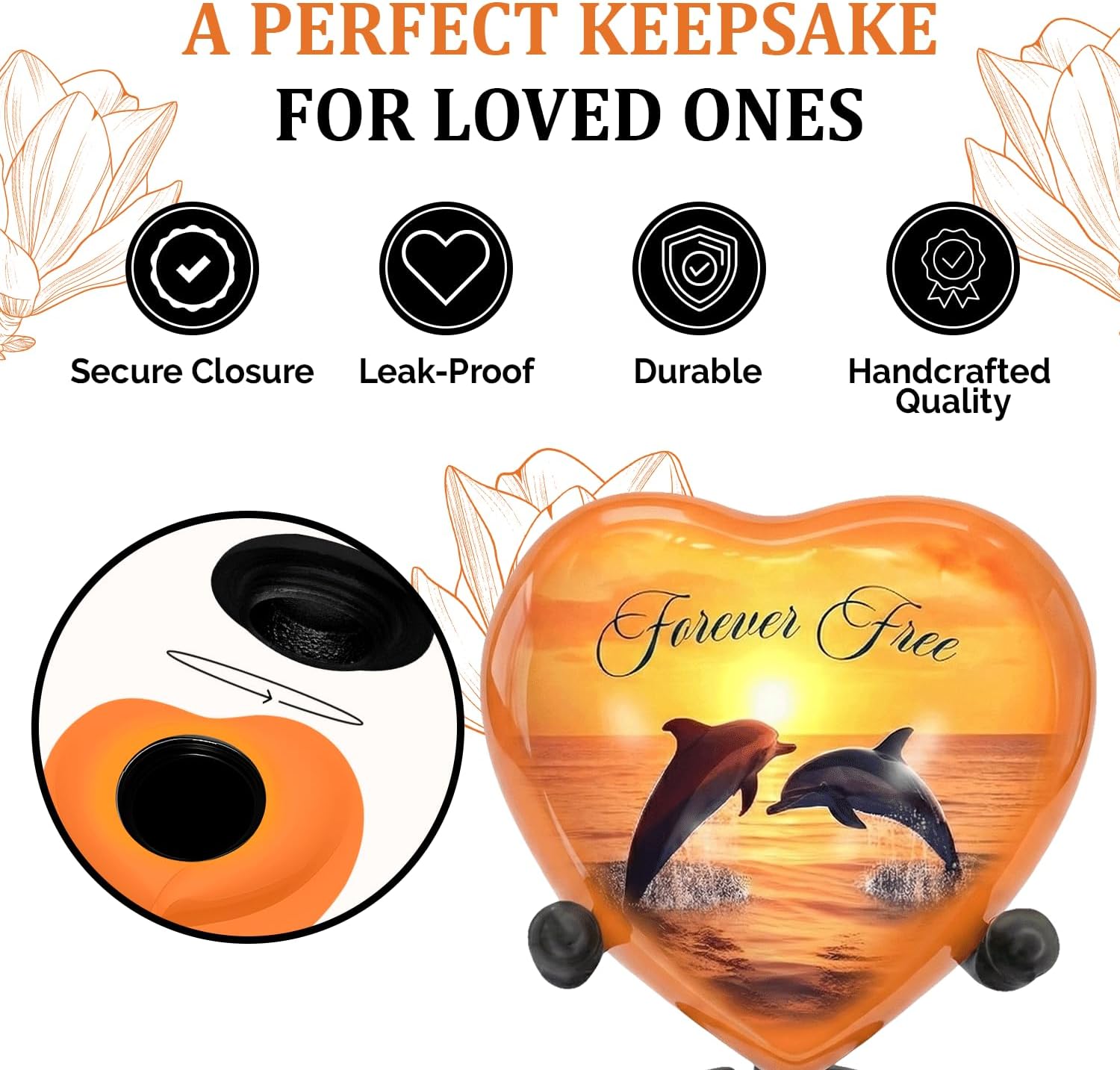 Dolphin Urn for Ashes – Small Urns for Human Ashes Keepsake – Heart Urn with Stand & Secure Screw Lid – Velvet Bag & Gift Box Included – A Loving Tribute to Honor Your Loved One (Orange, Small)