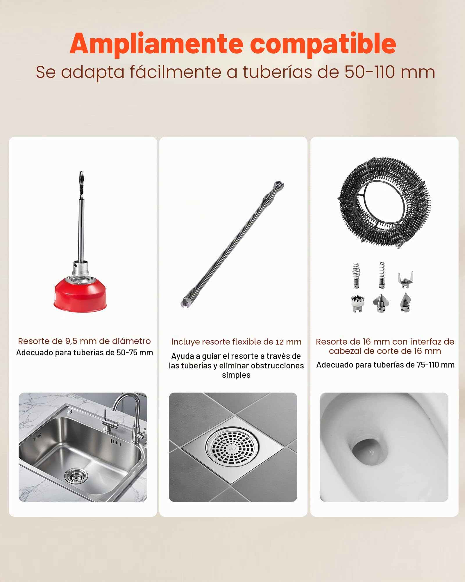 VEVOR Desatascador de Tuberías Eléctrico 400 W 1400 RPM con Cable de Resorte de 20 m x 16 mm, 5 m x 9,5 mm, 0,4 m x 12 mm y 6 Cabezales de Limpieza, Apto para Tuberías de 50 a 110 mm de Diámetro