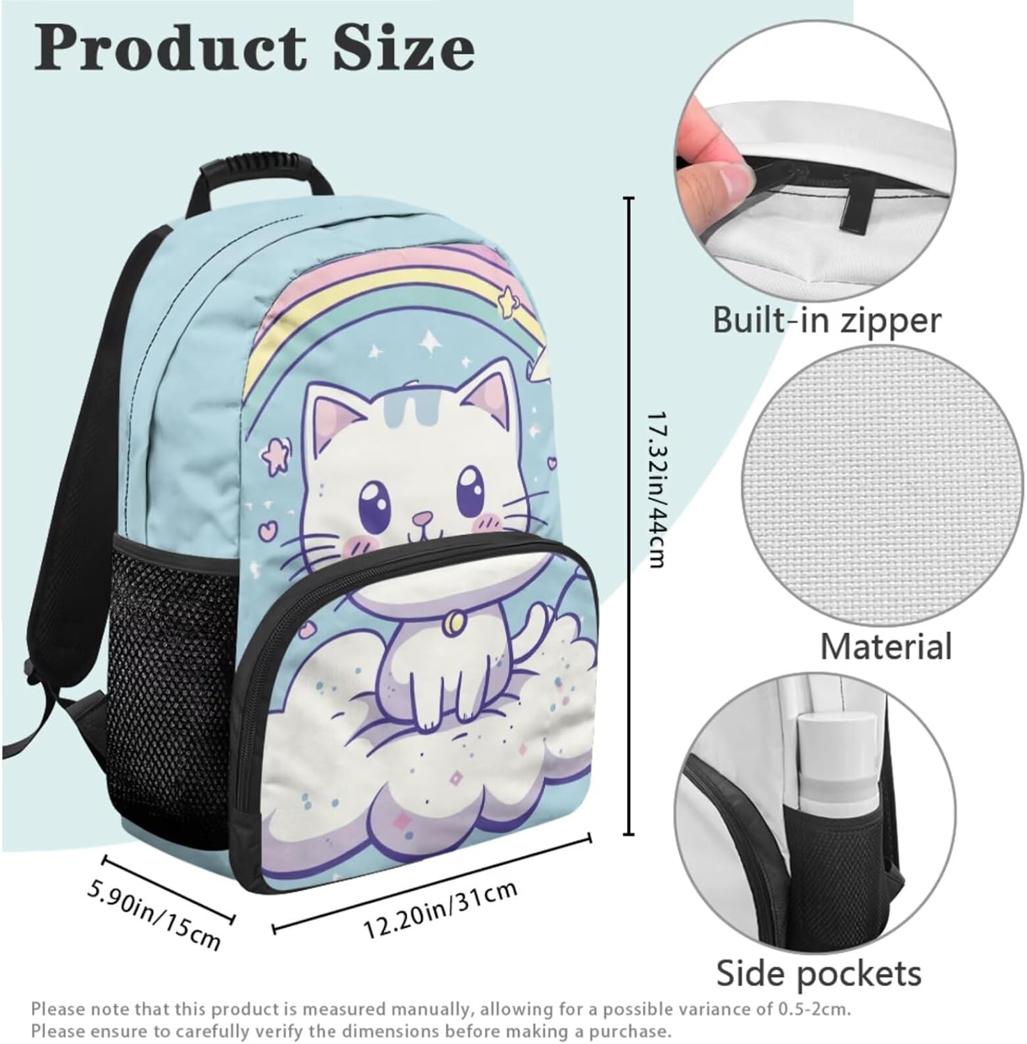 COEQINE 4 Pcs Kids Cat Backpack for Girls Rainbow Cartoon Bookbag for Teenage Toddler Preschool Elementary School Bag Set for Kids Girls 1 St Grade Large Capacity Lunch Box and Pencil Box for Birthday