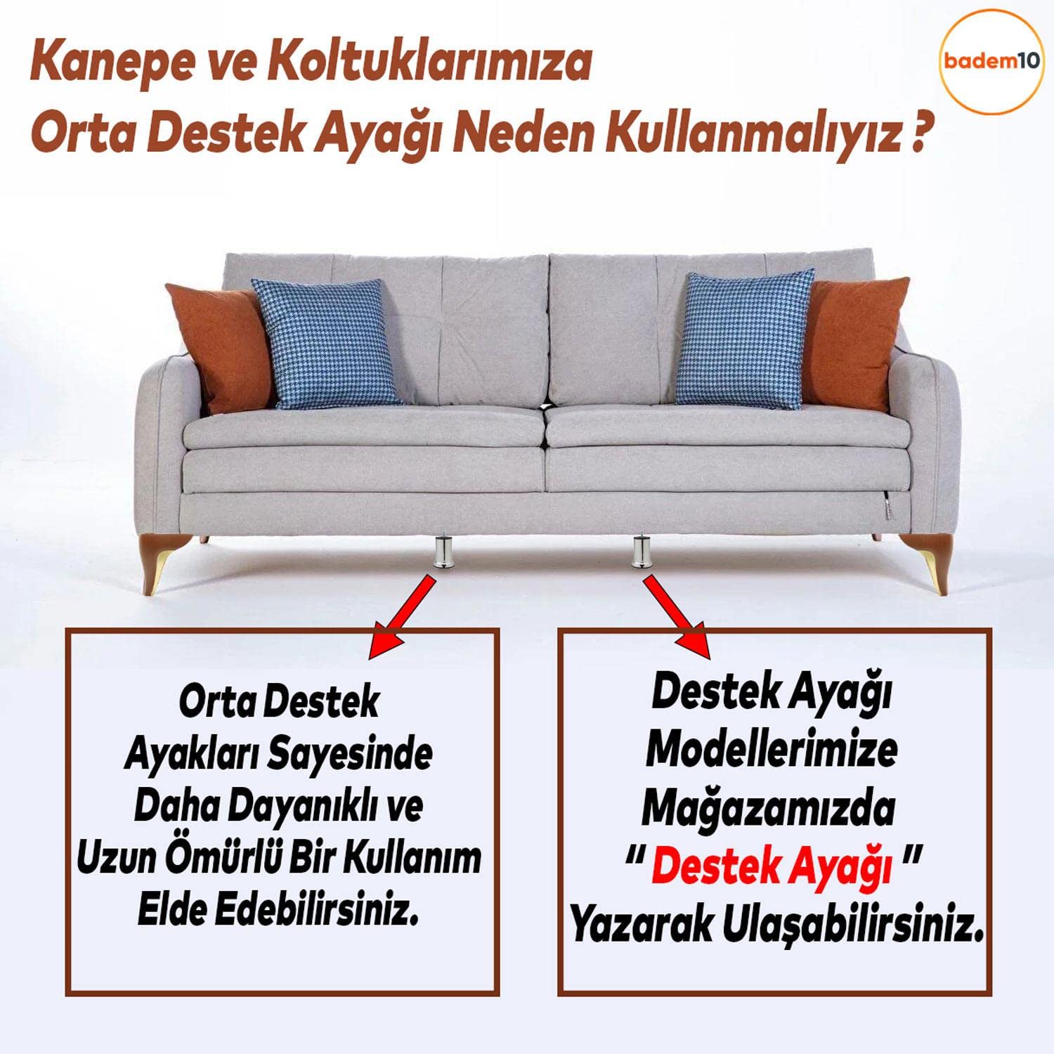 Badem10 Mobilya Kanepe Baza Koltuk Destek Yükseltme Ayağı M8 Civatalı Krom Metal Ayakları 10 cm 8 Adet