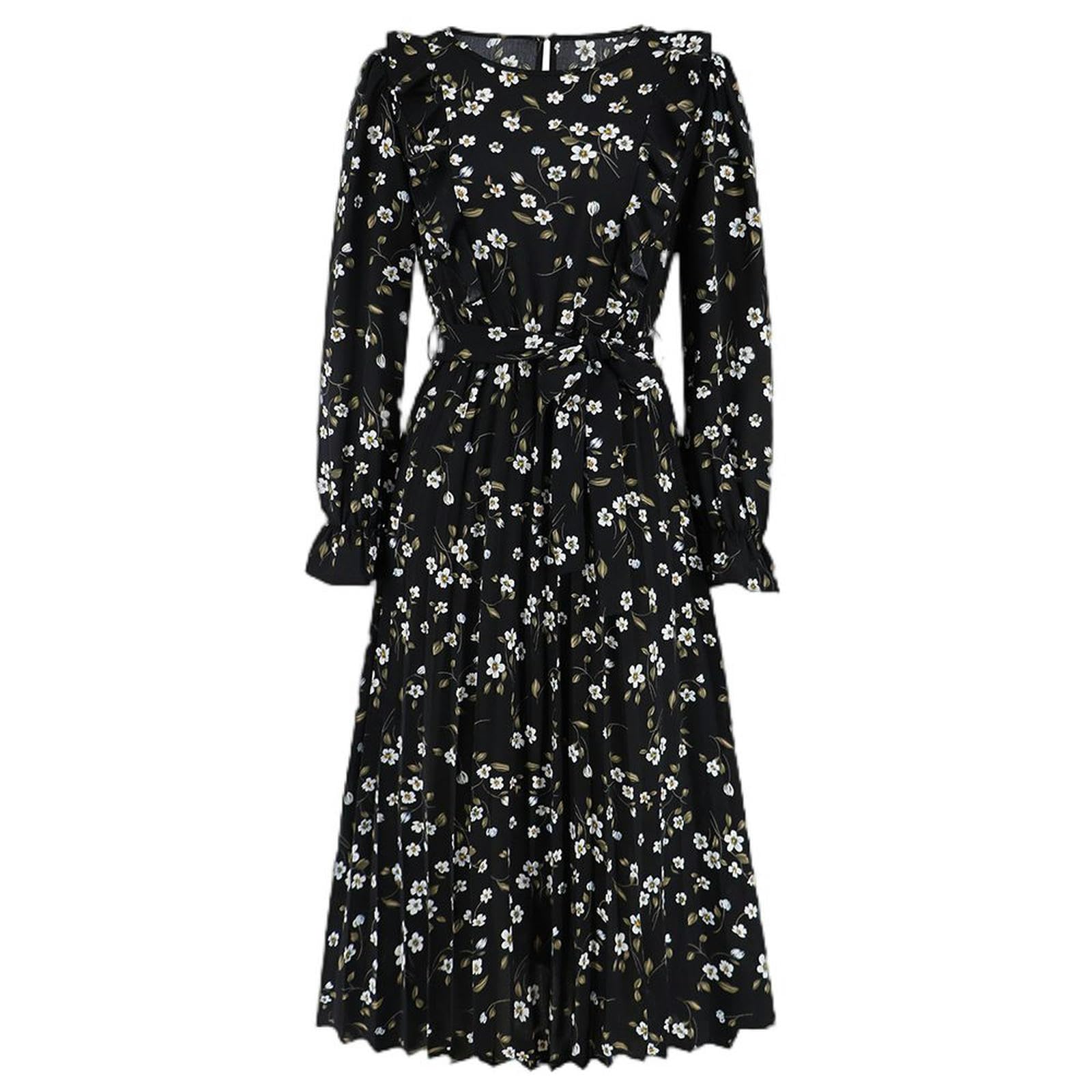 Robe plissée noire robe mi-longue florale femme jupe élégante à volants taille XXL