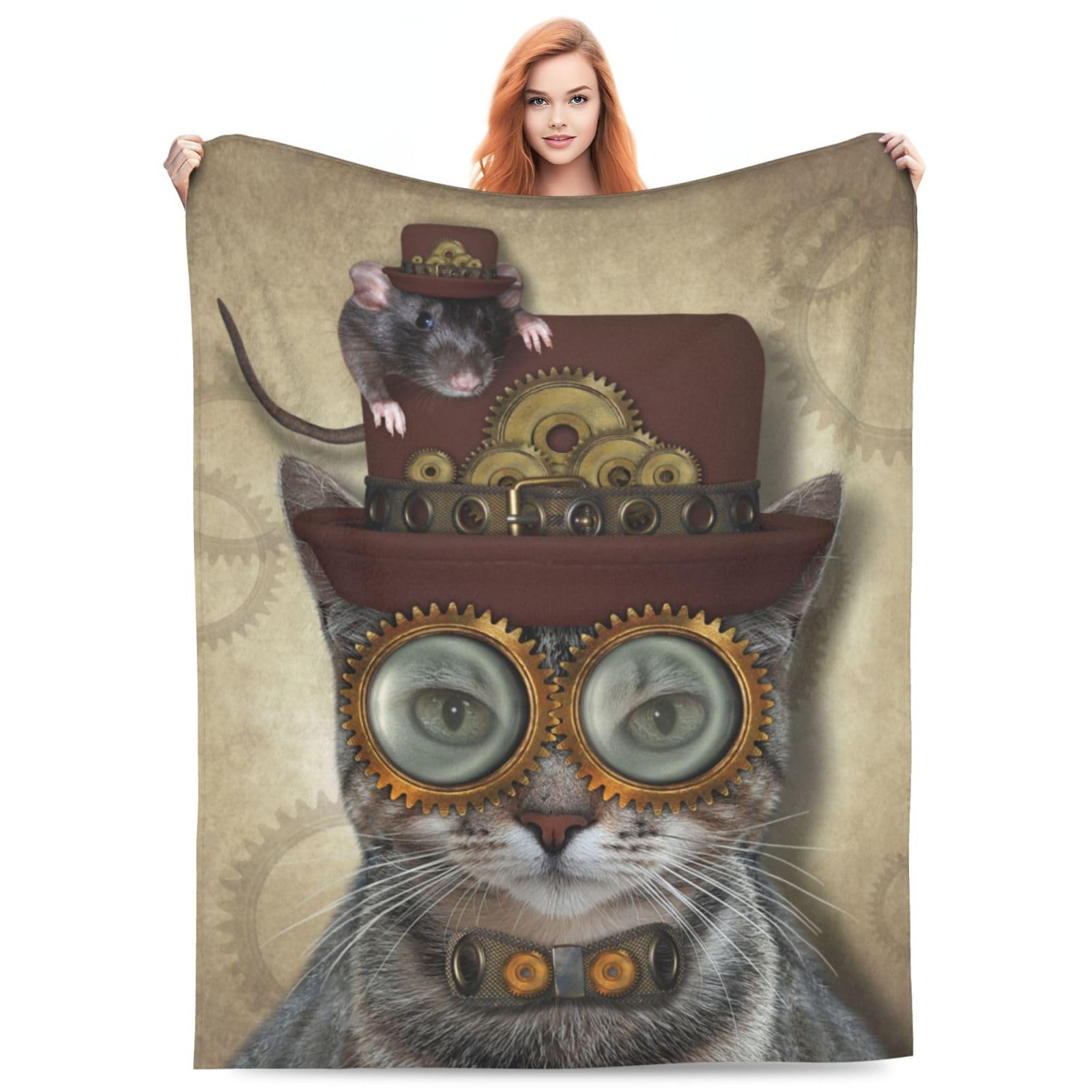 Plistiz Steampunk Cat Throw Blanket 60x80 Inches - Soft Flannel Polyester, Vintage Cat Design, Cozy Gift For Cat Lovers