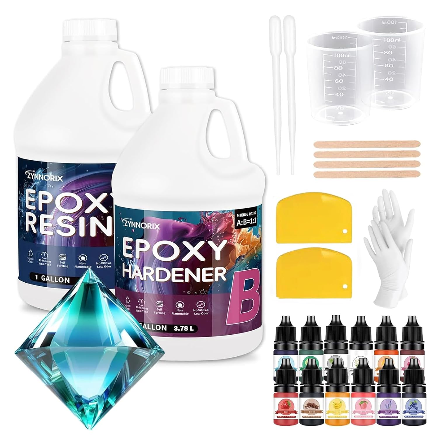 ZYNNORIX 2 Gallon Epoxy Resin Kit , Crystal Clear Epoxy Resin,Strong, Durable, not Yellowing, no Bubbles,Self Leveling,for DIY, Jewellery, Table top, Molds, Wood, Resin Epoxy - for Beginners & Pros