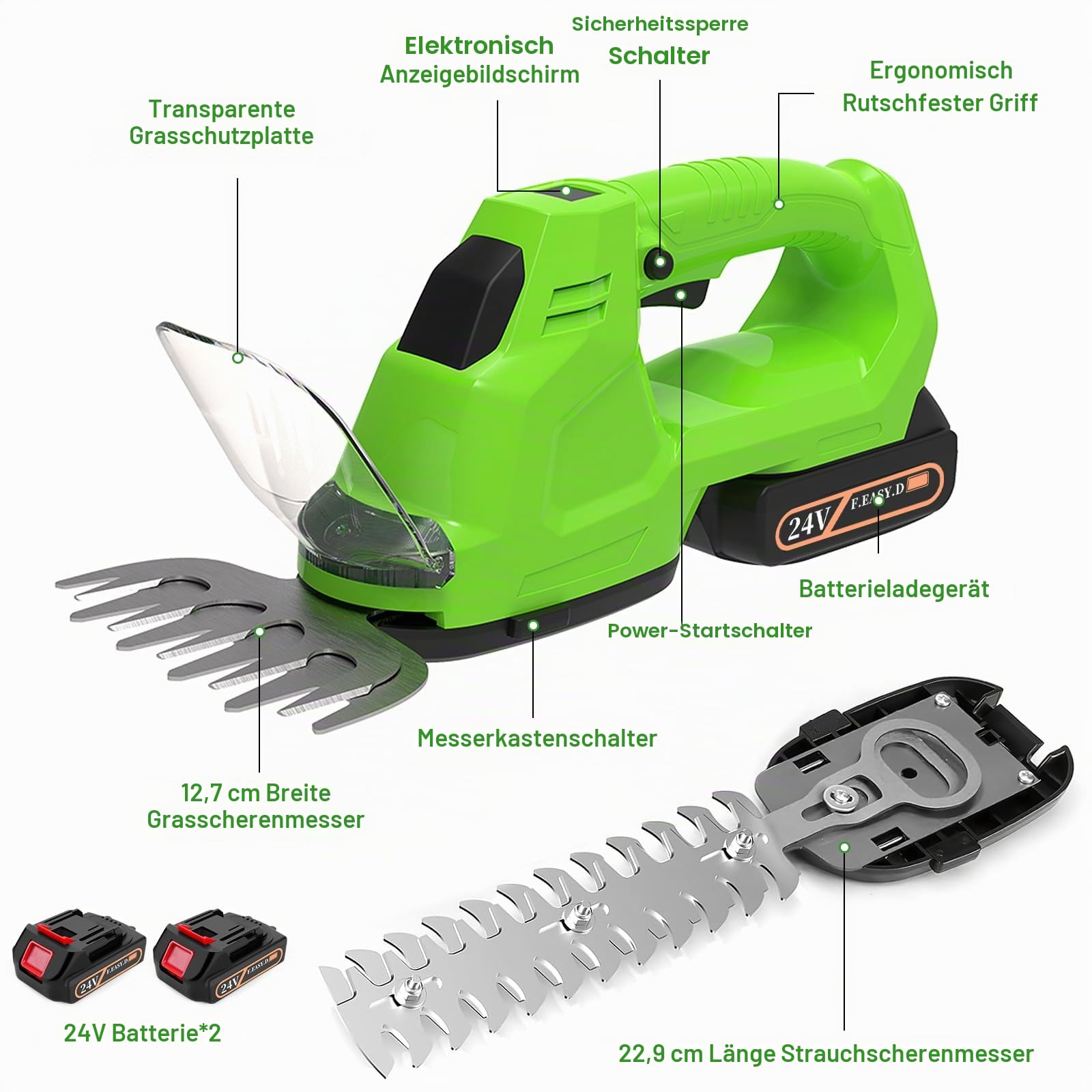 24V Akku Heckenschere, 2 in 1 Schnurlose Grasschere und Heckenschere mit Batterieanzeige, Elektrogartenscheren mit 2x1500mAh Wiederaufladbaren Batterien, 100mm+300mm Klingen und Adapter