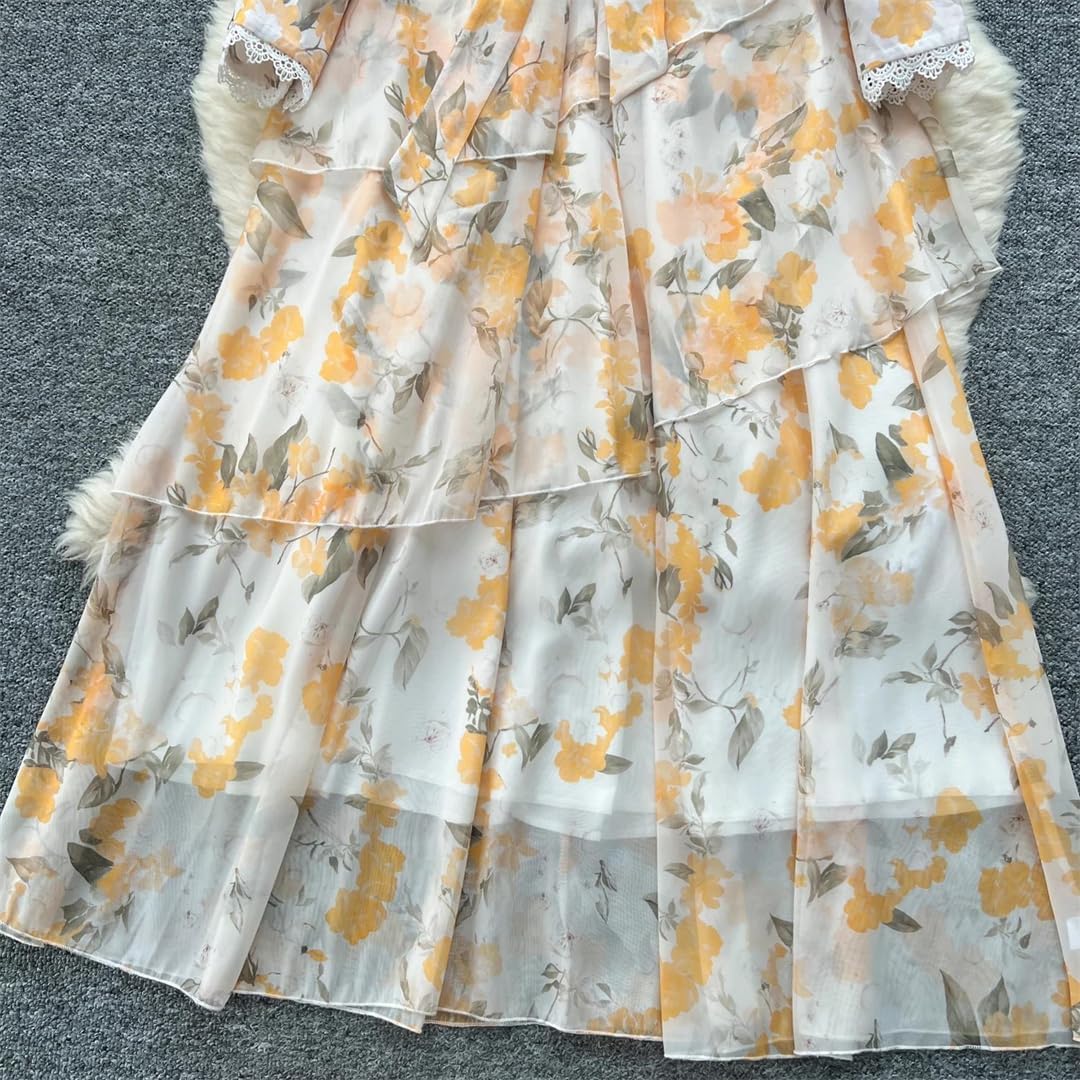 Women's Ruffle Dresses Single Breasted Lace Ruched Slim Sexy Midi French Style Dress