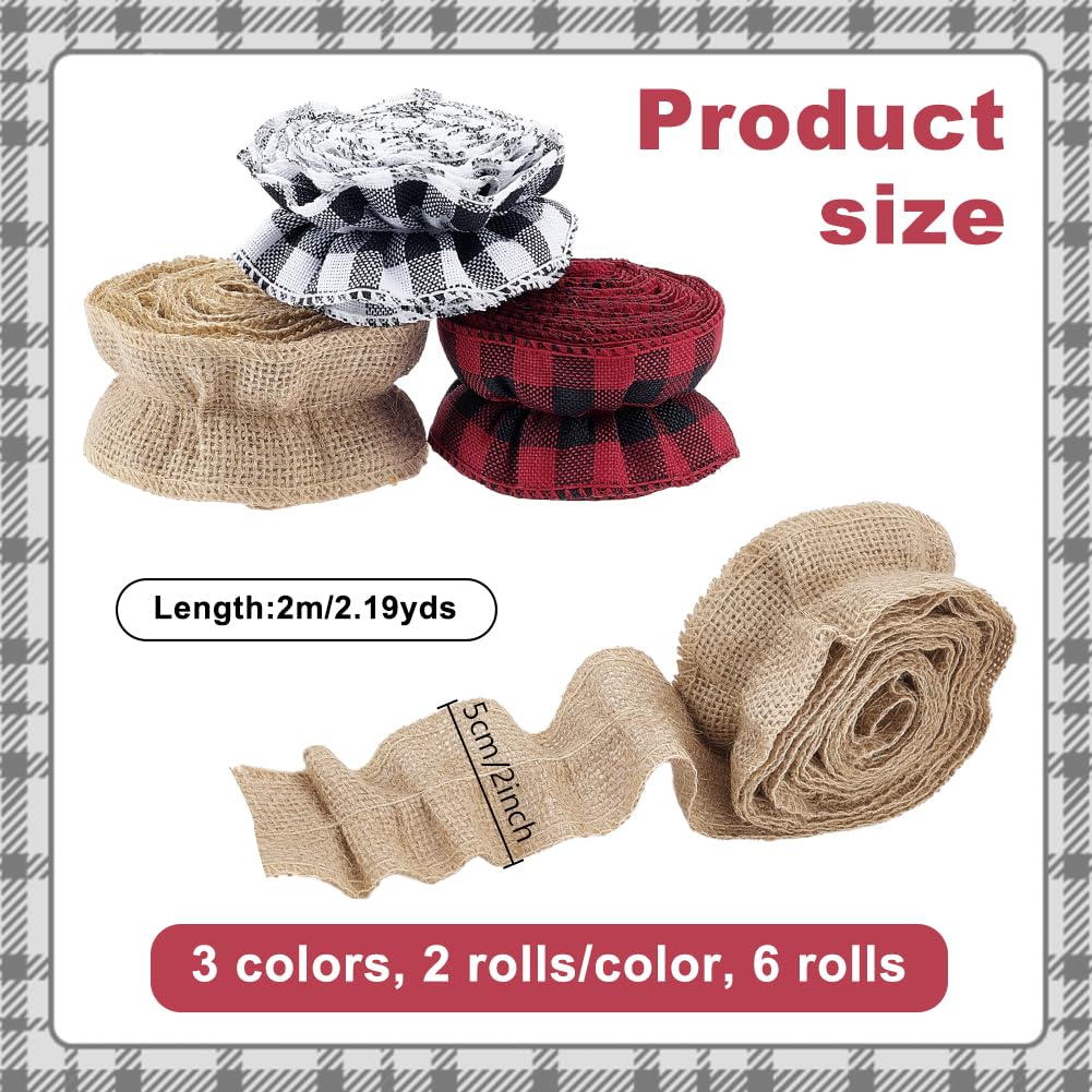 AHANDMAKER 6 rotoli di nastro in tela impalcato, 3 stili, nastro per albero di Natale, 2 (6) cm di larghezza, rosso e nero, a quadri, per albero di Natale, confezioni regalo, decorazione fai da te