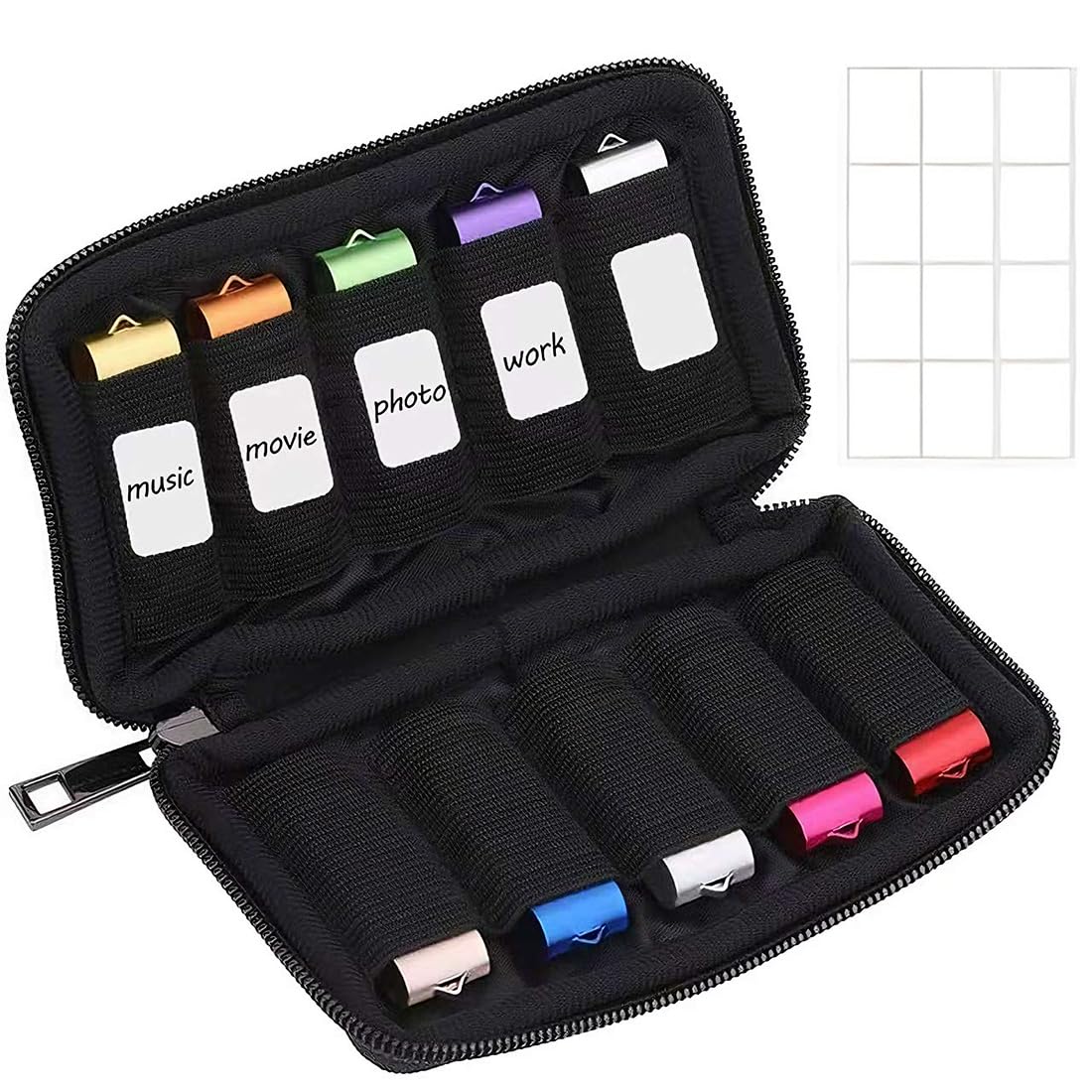 Organizer Per Chiavette USB Con 10 Slot – Custodia In Poliestere Antiurto, Cerniera Metallica, Include Adesivi Per Etichettare, Nero, 16.5x9.5x1.5 Cm