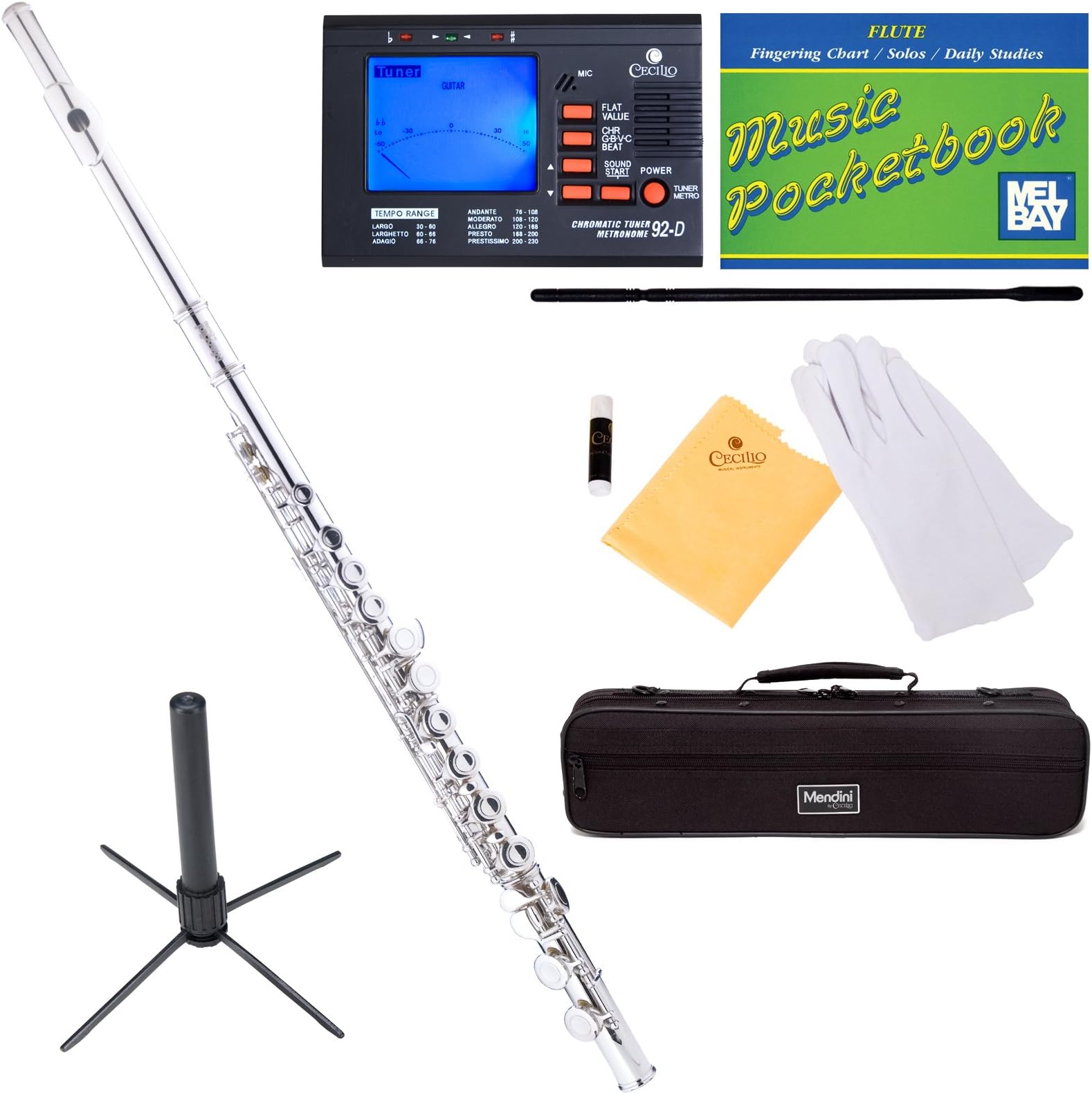 Mendini Nickel Silver Closed Hole C Flute with Tuner, Stand, 1 Year Warranty, Case, Cleaning Rod, Cloth, Joint Grease, and Gloves - MFE-N+SD+PB+92D