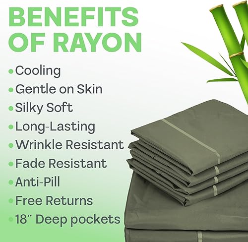 Miniatura 3 de Juego de sábanas de rayón de 4 piezas hecho de bambú, juego de ropa de cama y fundas de almohada con bolsillos profundos, ropa de cama sedosa de