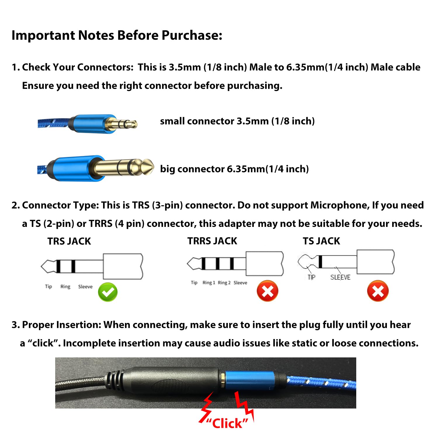 SHULIANCABLE 3.5mm To 6.35mm Stereo Audio Cable, 1/4 Inch TRS Male To 3.5mm Male Adapter Cord For Guitar, Amp, IPhone, Laptop, Home Theater – 3.3Ft/1M