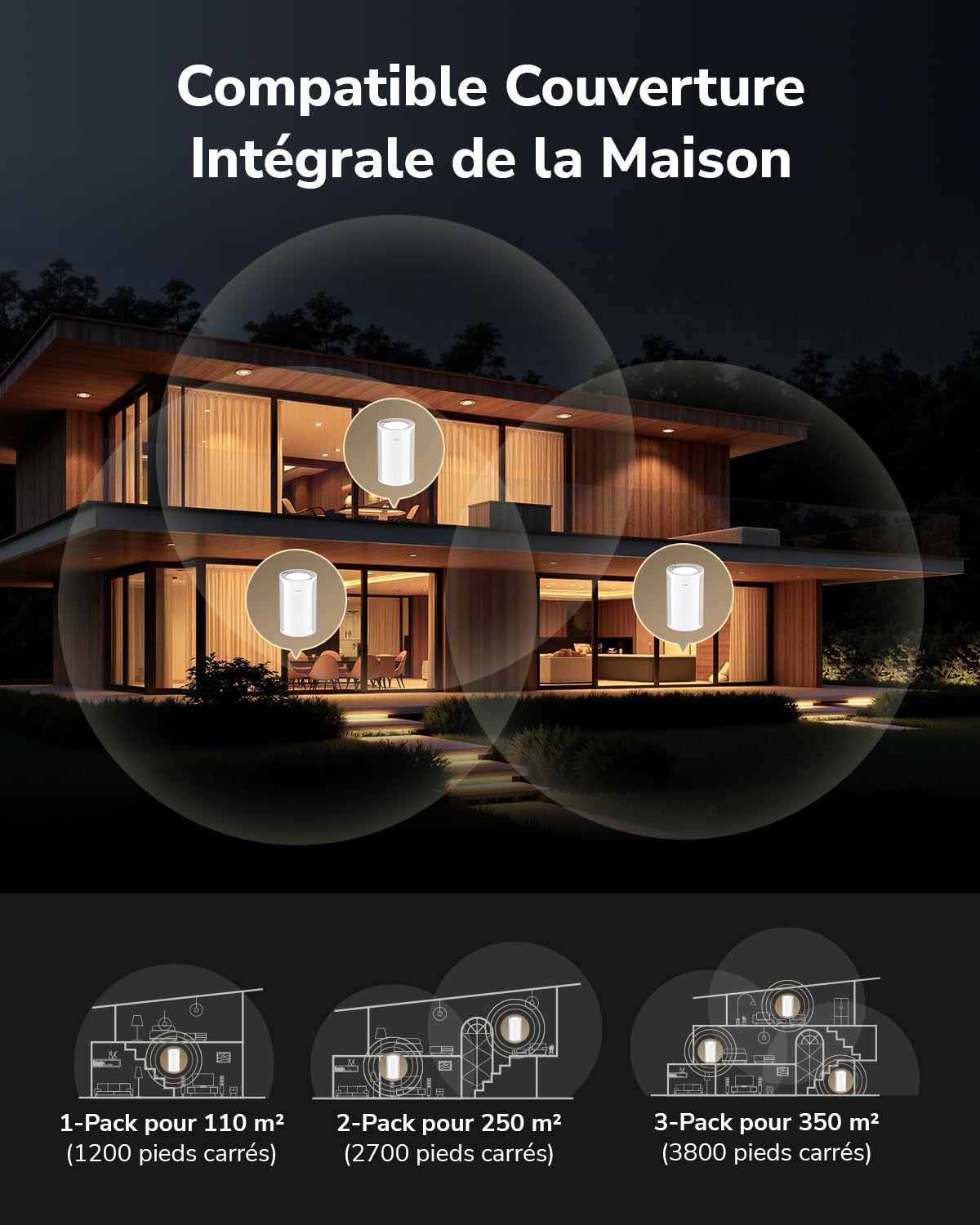 Cudy Système maillé Wi-Fi 7 BE11000 Tri-Band 6 flux 10 Gbit/s 4 ports 2,5 G MU-MIMO Multi-VPN Cudy App antennes int. intelligentes