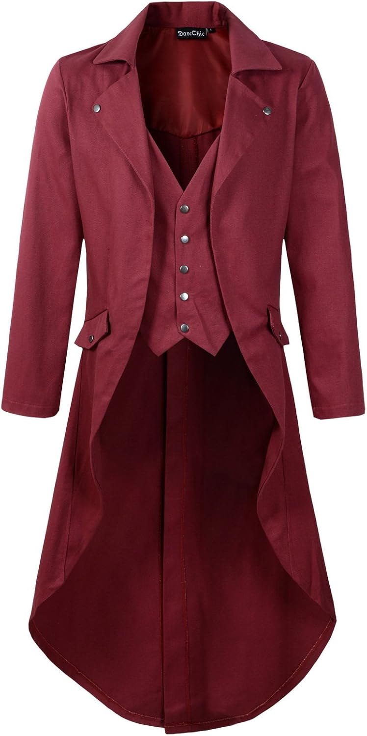 Mens Gothic Tailcoat Jacket Black Steampunk VTG Victorian Coat (L/L, Burgundy Long)