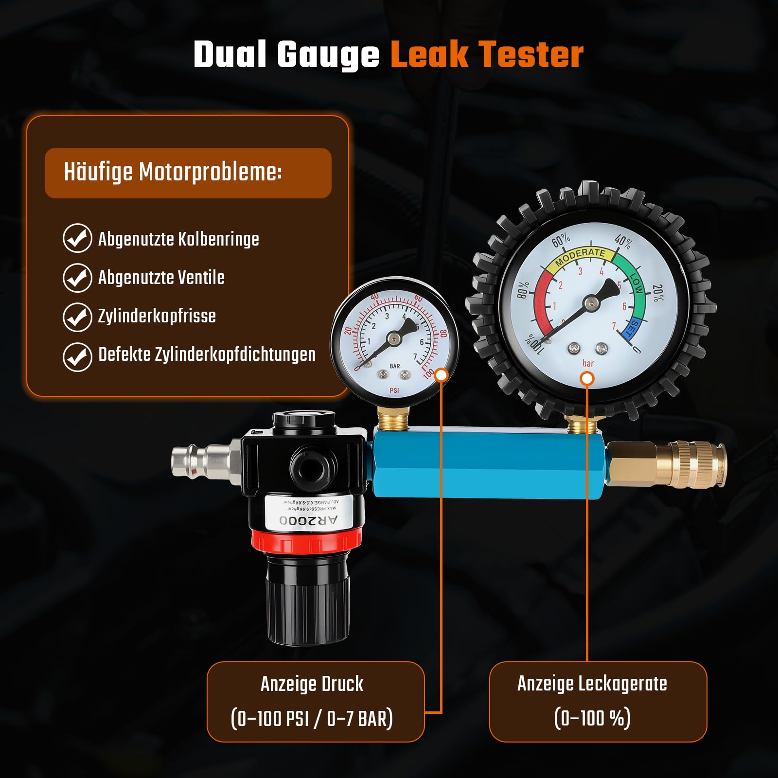 GEARMONSTER Probador de compresión profesional para motores de pérdida de presión, compatible con motores diésel y gasolina, comprobador de pérdida de presión