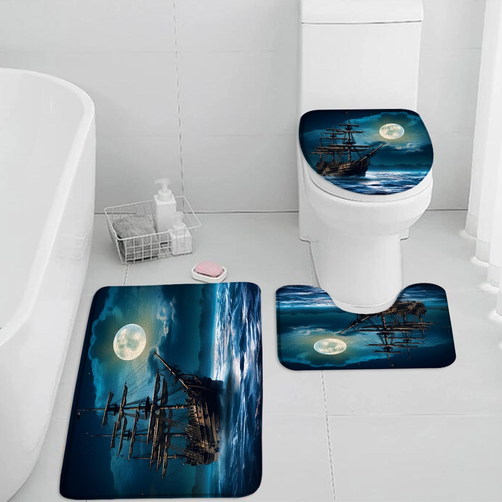 QWRSMYX 3 Pieces Set Pirate Ship Bath Mat Nautical Sailboat Sailing Ocean Adventure Full Moon Cloudy Night Sky Bathroom Rugs Toilet Lid Cover Pedestal Rug U-Shaped