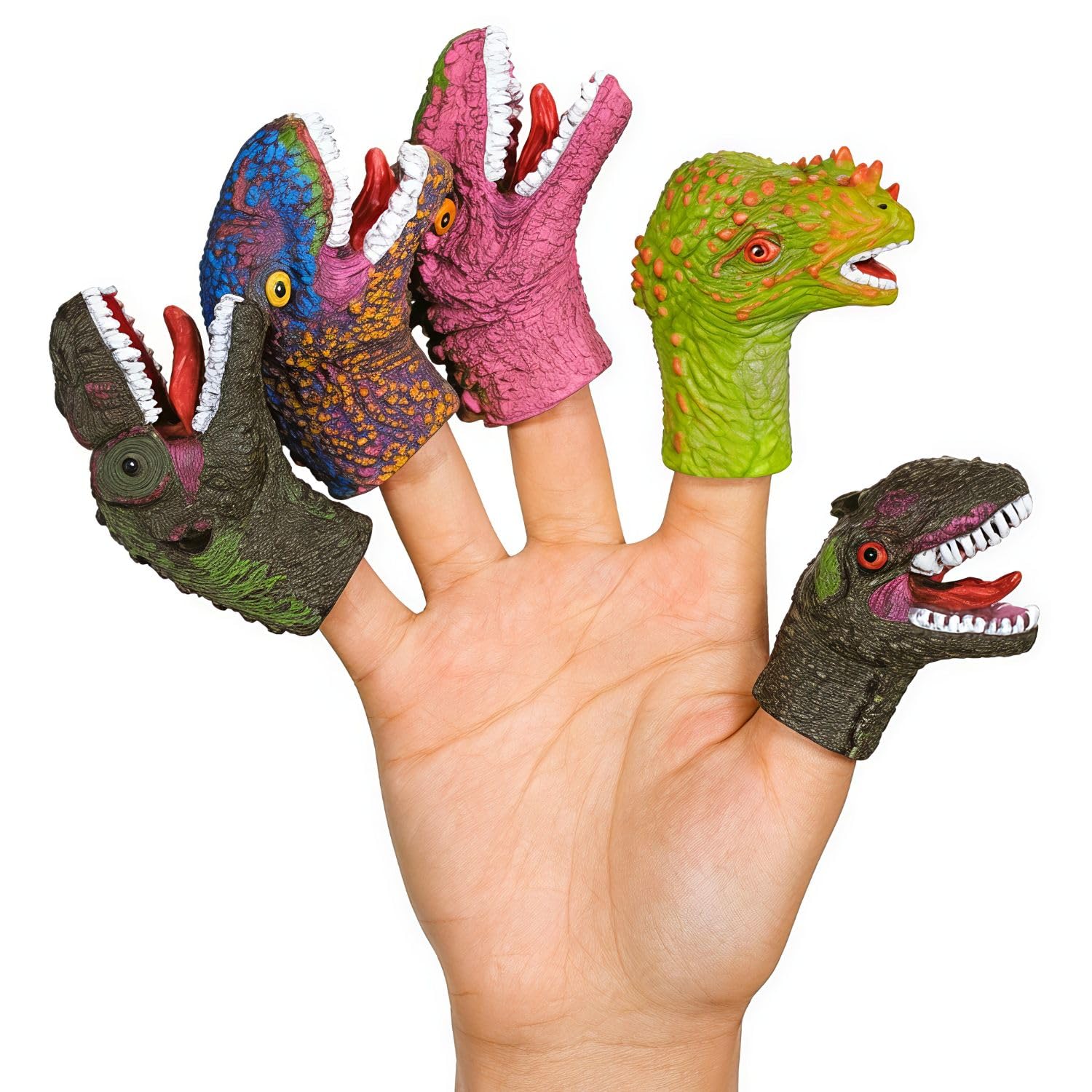 FunBlast Dinosaur Finger Puppets Set for Kids - Soft Rubber Realistic Dino Head Toys for Pretend Play, Birthday Return Gifts & Party Favors (Pack of 5) - Color May Vary