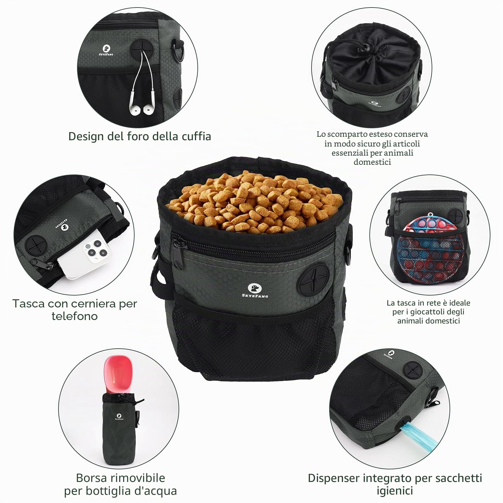 Borsa per dolcetti per Cani,con Borsa per Bottiglie d'Acqua e Dispenser per Sacchetti per Cacca incorporati per addestramento degli Animali Domestici e Porta Giocattoli