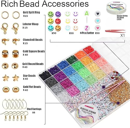 Miniatura 3 de YMSDZHL Juego de 6000 cuentas de arcilla para hacer pulseras, cuentas planas de 24 colores para hacer joyas de amistad, cuentas heishi de polímero