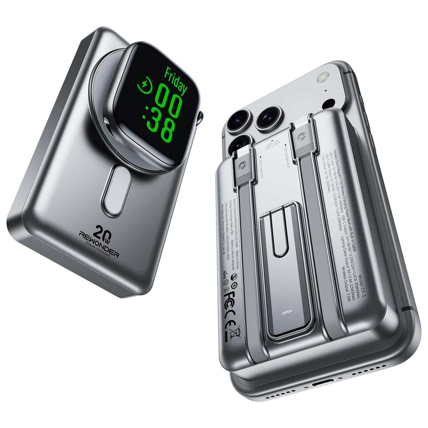 REWONDER Magnetic Portable Charger 10000mAh PD 20W Portable Charger Power Bank with Built-in 2 Cables Travel Essential Magsafe