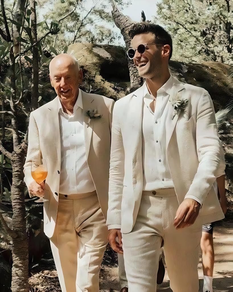 Men's Linen 2 Piece Suit Set Slim Fit Wedding Suits for Groomsmen One Button Tuxedo Blazer Pants